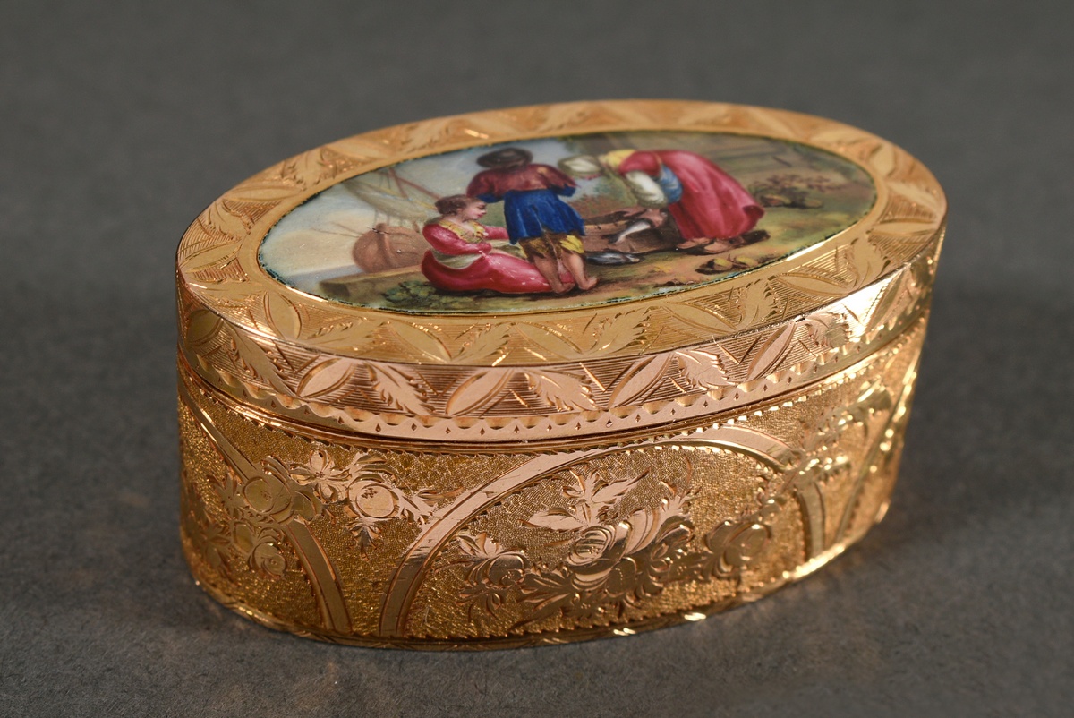 Small oval snuff box with flawless enamel painting "Fishermen's Scene" on the lid, all sides floral