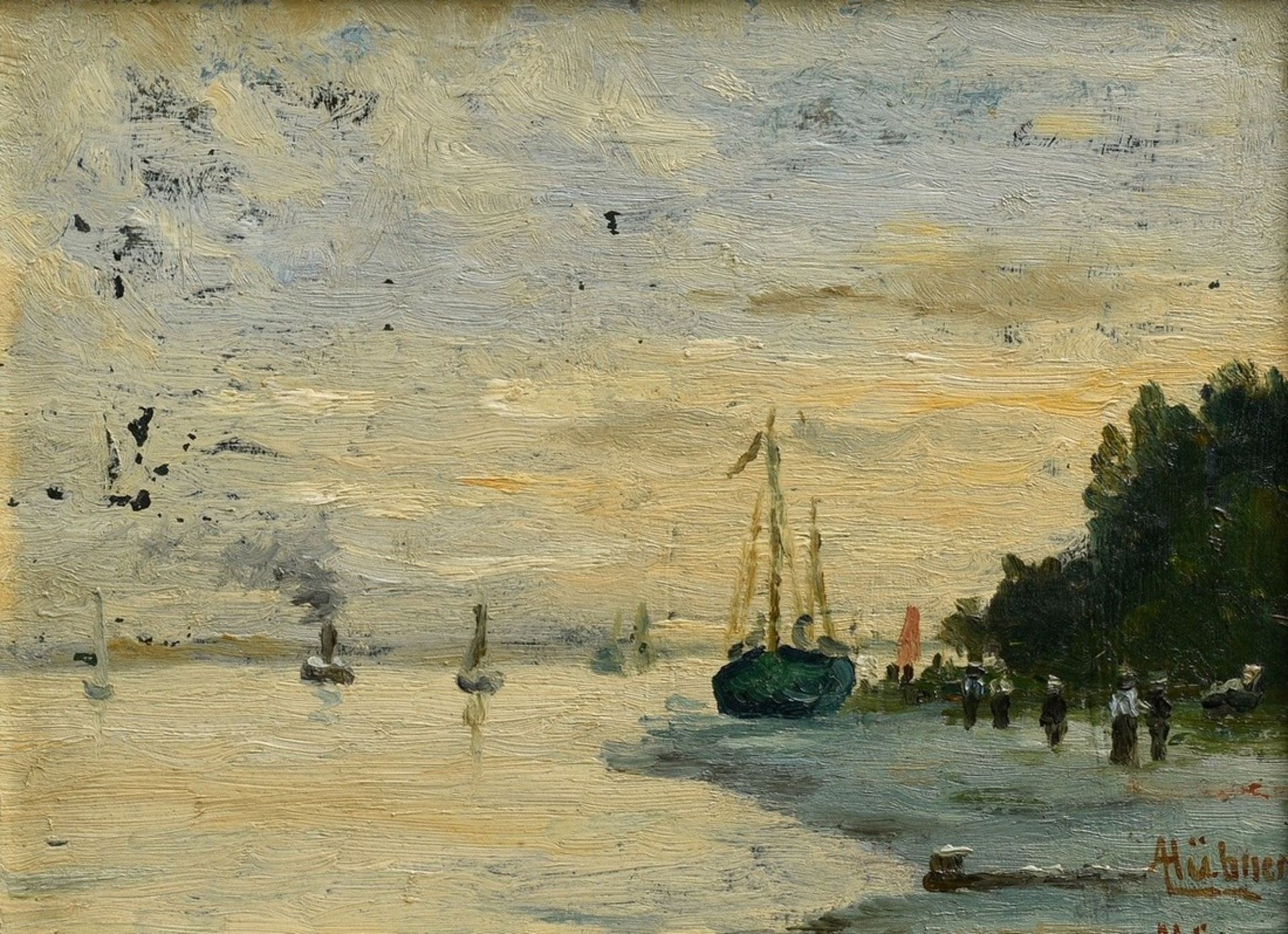 Hübner, A. "Evening at the river", oil/cardboard, b. 2x signed, 17,5x23,5cm (w.f. 22,3x28cm), defec