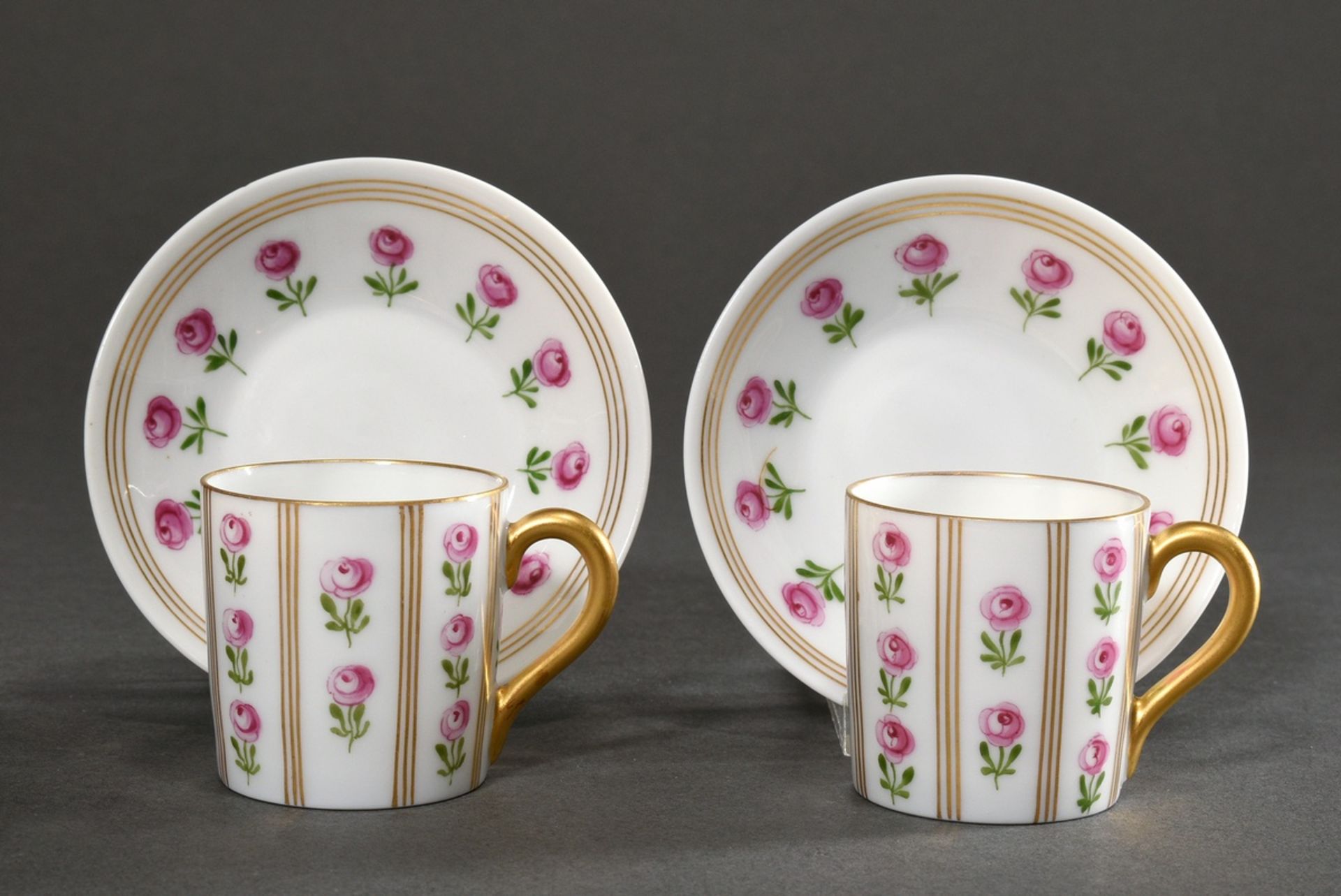 Pair of Nymphenburg mocha cups in cylindrical form "florets with gold stripes", 20th c., h. 5cm