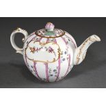 Small antique Fürstenberg jug with fine flower tendrils and purple ribbons as well as gold cartouch