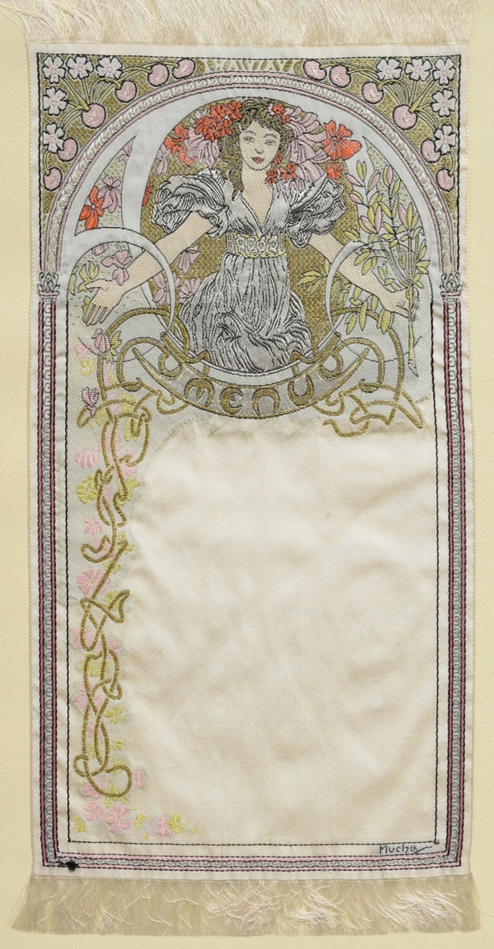 Mucha, Alphonse (1860-1939) "Menu Map (La Réserve)" c. 1900, silk, signed lower right, gilded Berli