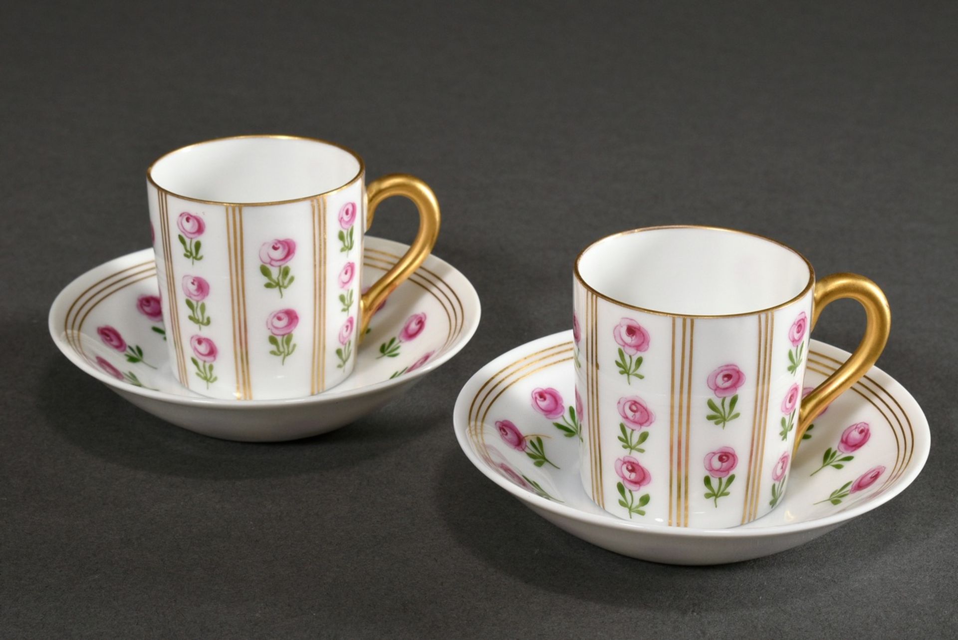 Pair of Nymphenburg mocha cups in cylindrical form "florets with gold stripes", 20th c., h. 5cm - Image 2 of 3