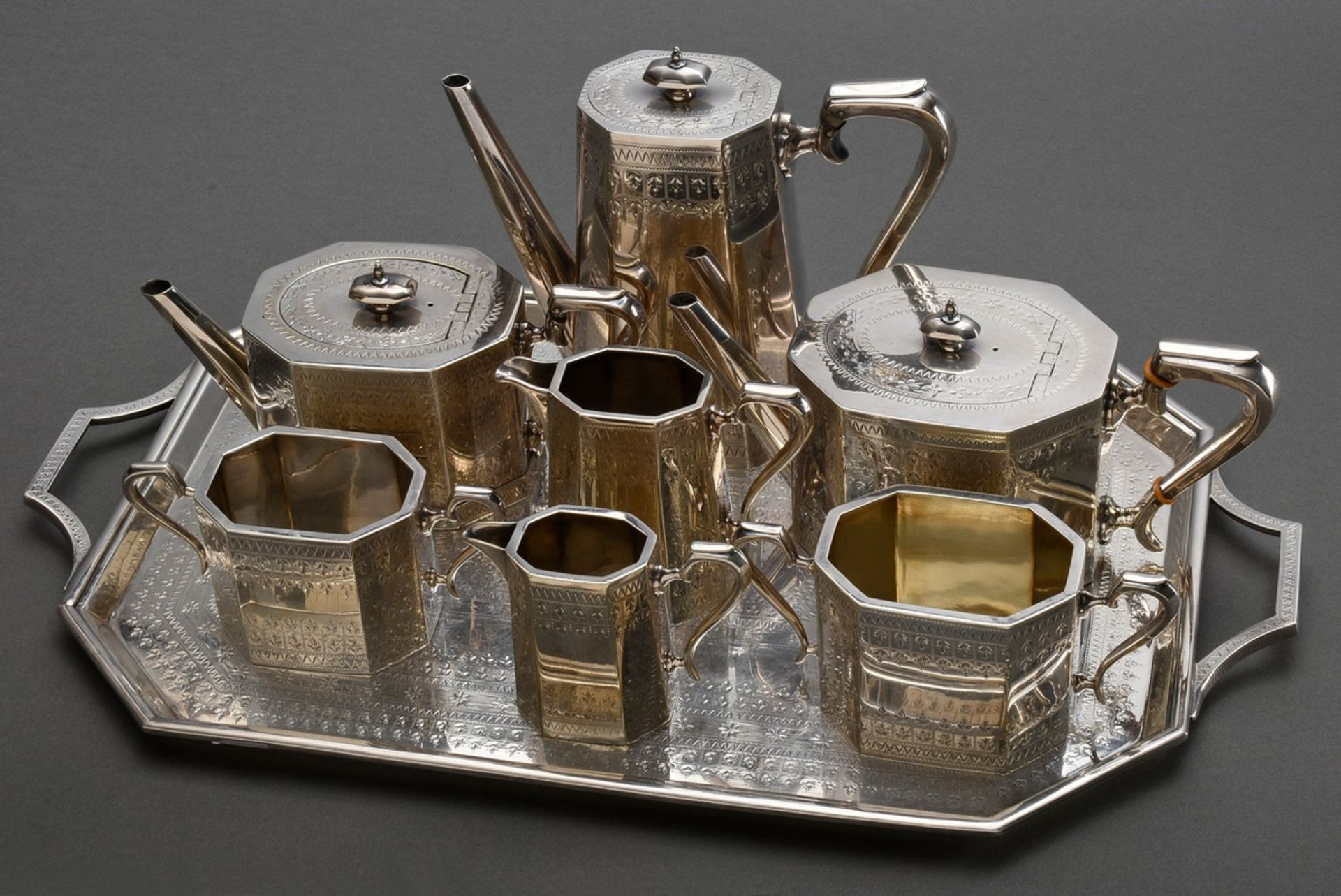 8 Piece silver plated coffee tea service with graphically abstracted leaf friezes on octagonal wall - Image 3 of 5