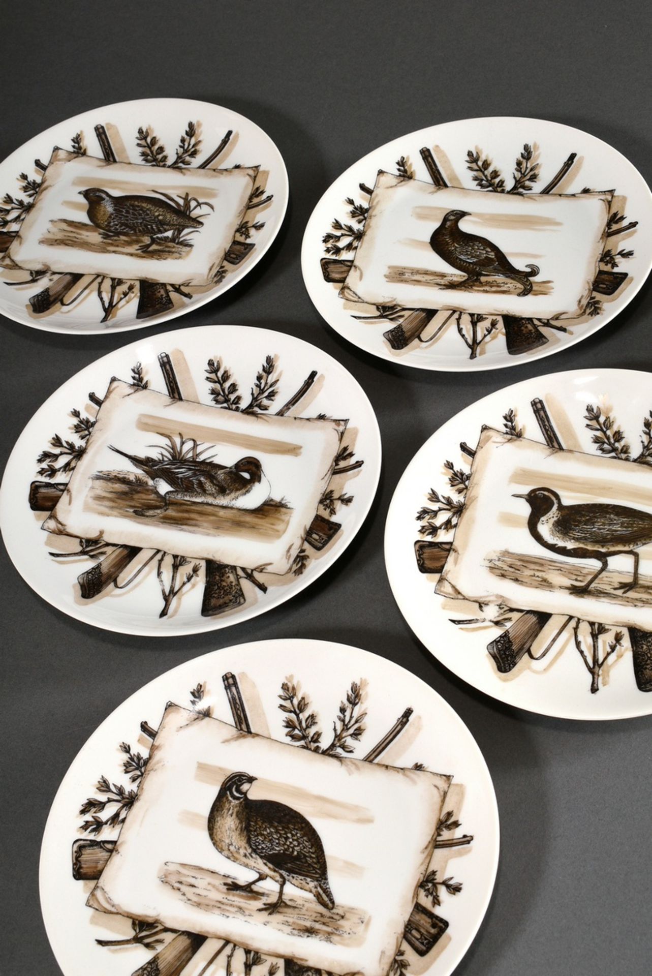 6 Fornasetti, Piero (1913-1988) plate with various sepia prints "bird motifs with hunting weapons"  - Image 2 of 10