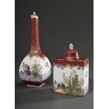 2 Various pieces Meissen with polychrome decoration "water birds" and gold bubble decoration on pur