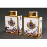 Pair of Meissen tea caddies after an old model with polychrome painting "mercantile marine scenes" 