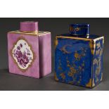 2 Various Meissen tea caddies: "Indian purple painting " in cartouches on pink background and flora