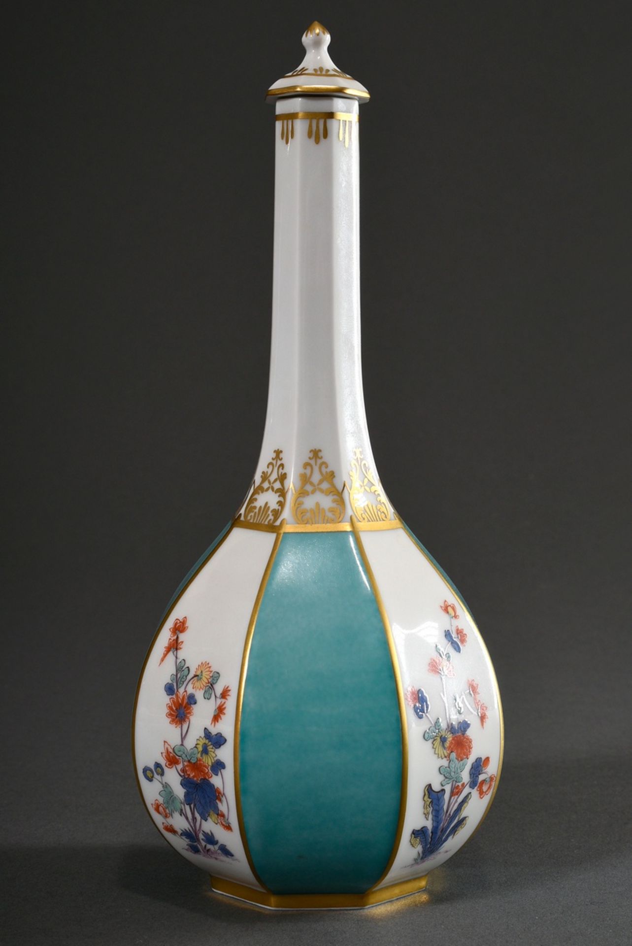 Meissen octagonal sake bottle after Asian model with polychrome Kakiemon decor and gold staffage on - Image 2 of 4