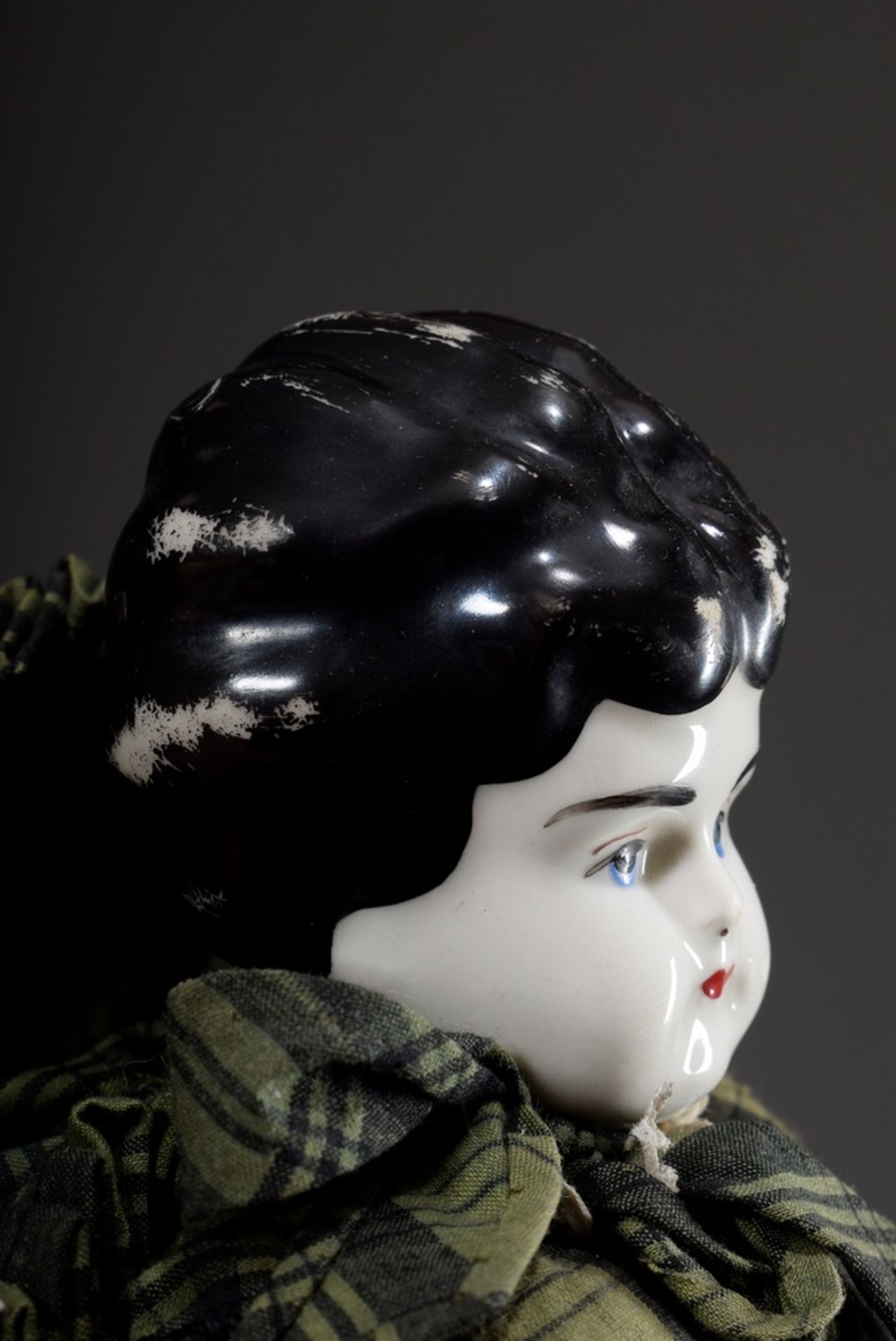 Biedermeier doll with painted porcelain chest head, blue eyes and closed mouth, leather body and or - Image 3 of 6