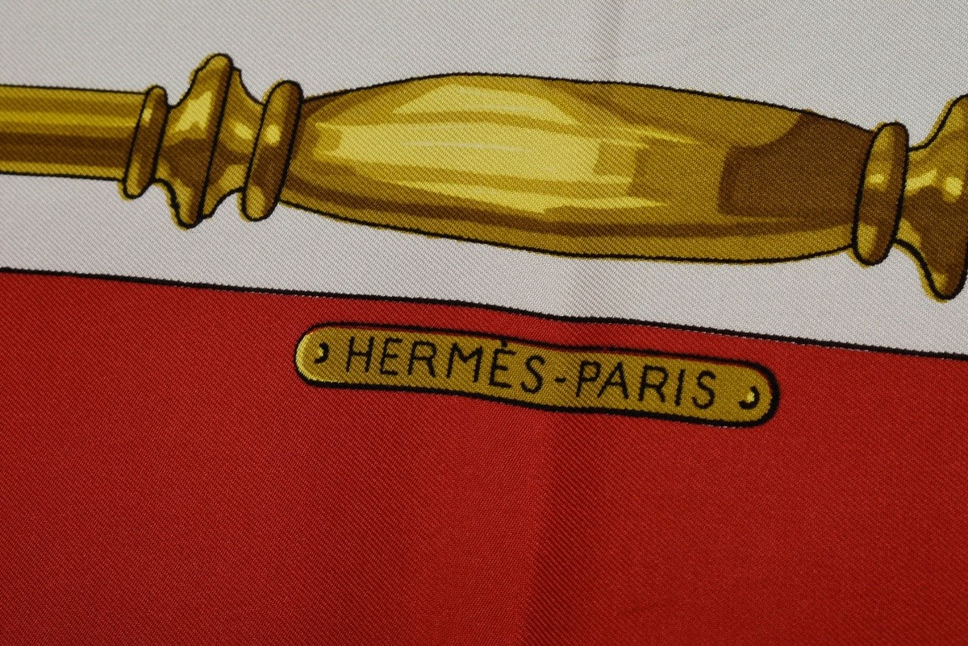 Hermès silk carré "Harnais des Presidents" in red, design: Francoise Heron 1966, rolled edge, 90x90 - Image 3 of 4