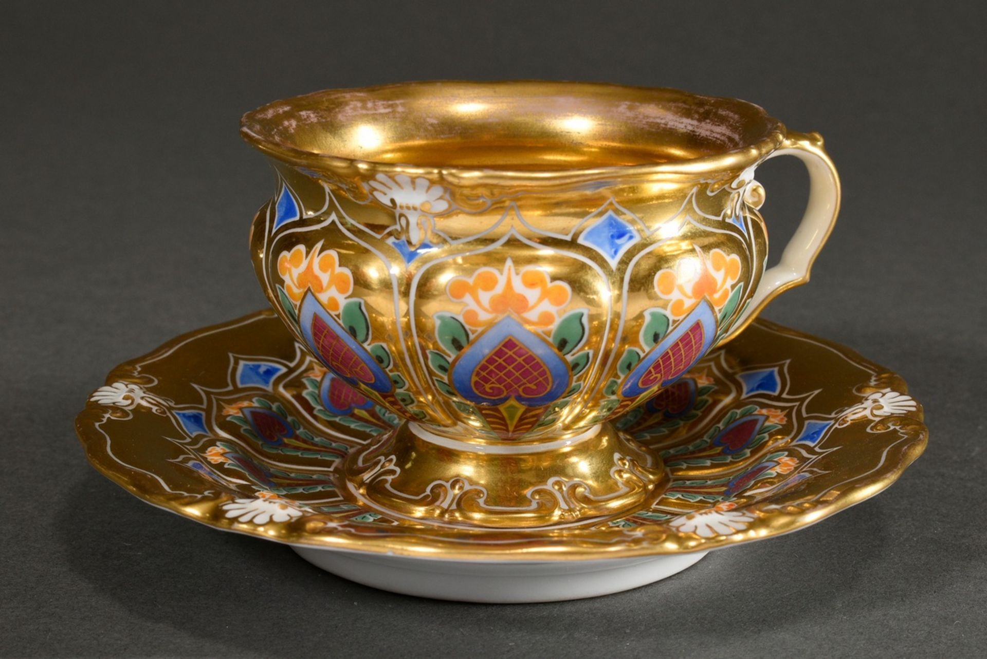 Biedermeier KPM cup with humped wall and strong coloured ornaments on gold ground in fine painting  - Image 2 of 4