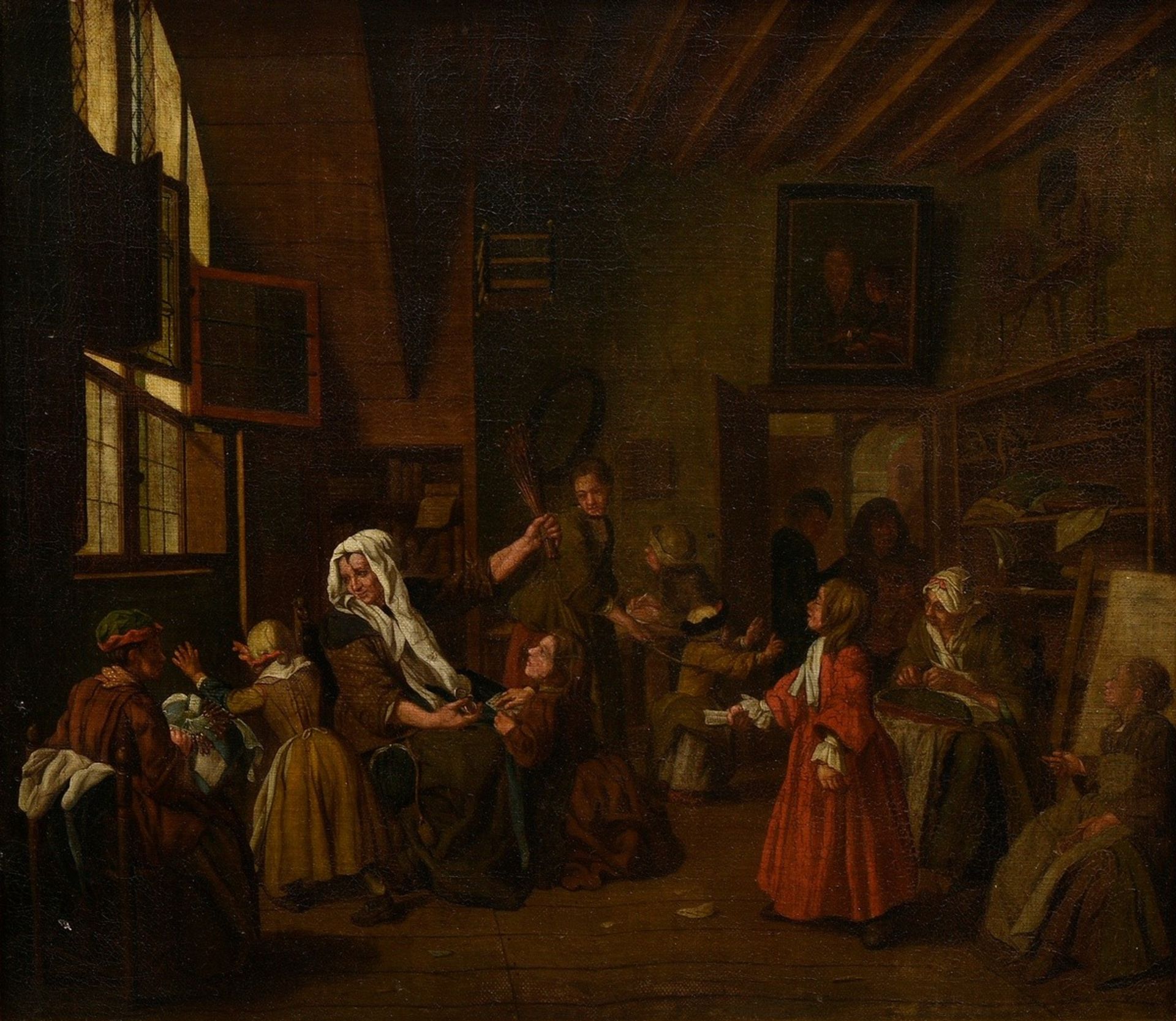 Horemans, Jan Jozef II (1714-1792) attributed "Interior with twelve persons engaged in various acti