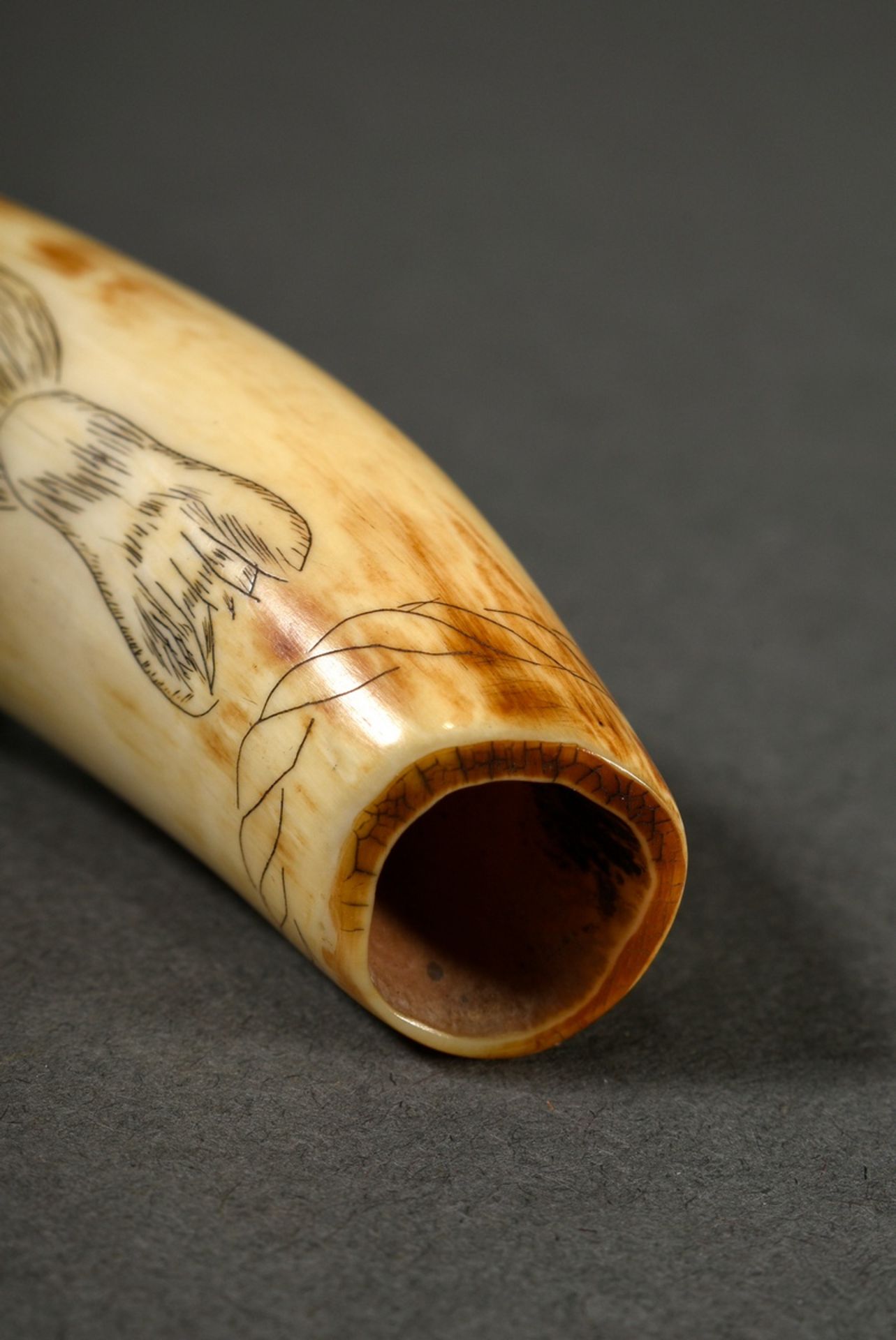 Scrimshaw "Seal and Blue Whale", carved whale tooth with blackened incised decoration, 19th c., l.  - Image 4 of 5