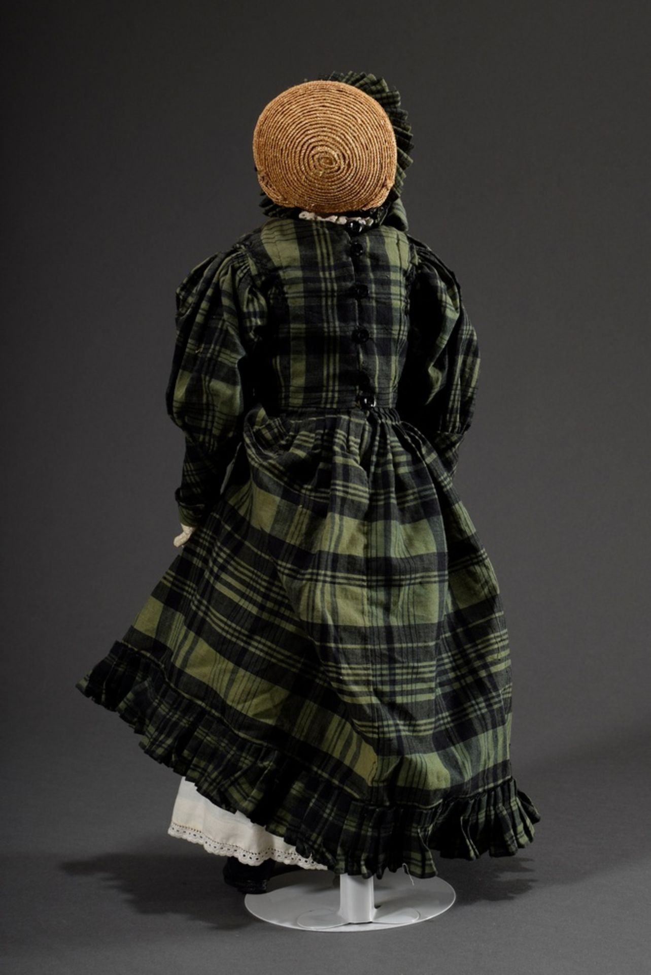 Biedermeier doll with painted porcelain chest head, blue eyes and closed mouth, leather body and or - Image 5 of 6