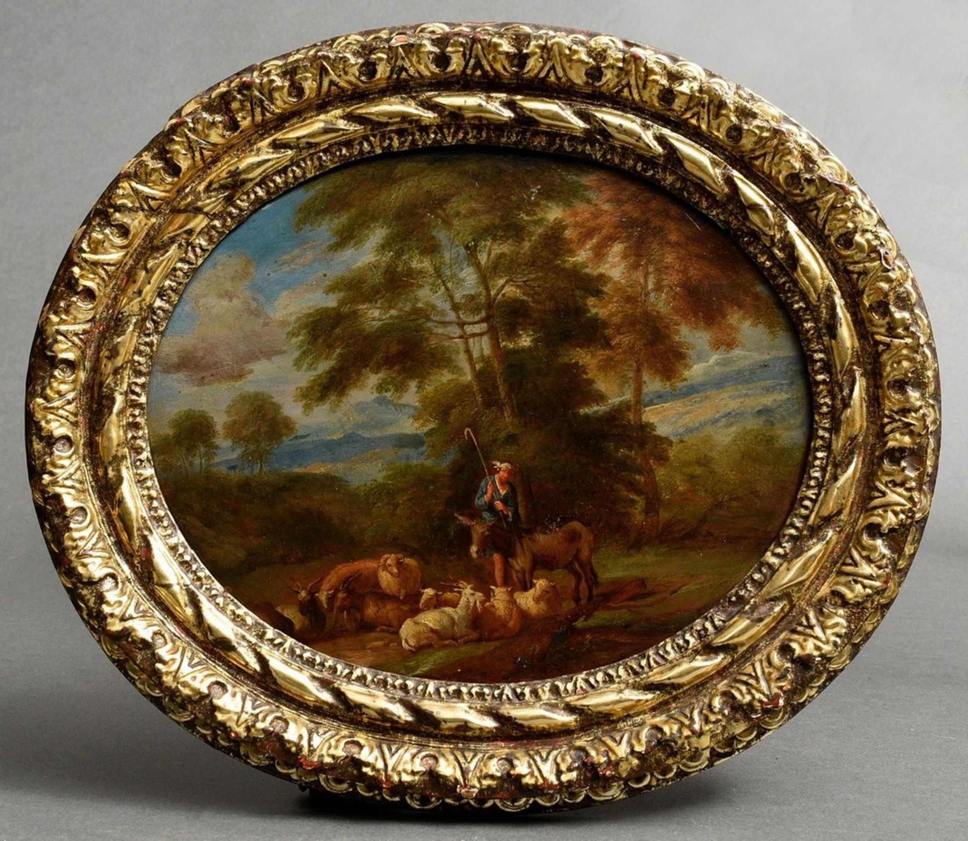 Unknown artist of the 17th/18th c. "Shepherd with flock in an Arcadian landscape", oil/copper, oval
