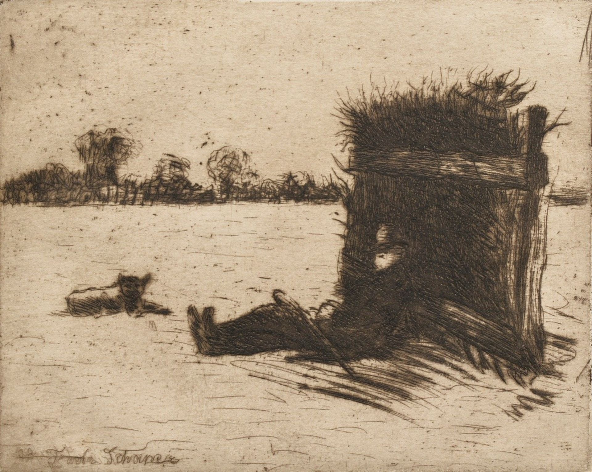 2 Schaper, Friedrich (1869-1956) "Horse Flock" and "Lying Shepherd" 1908, etchings, each inscr. on  - Image 4 of 7