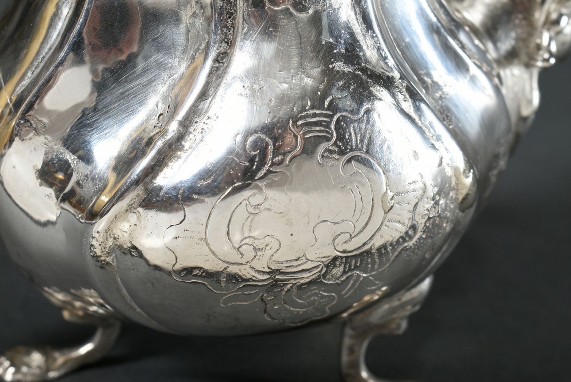 Small Danish mocha pot on three feet with curved features, floral engraved wall, sculptural eagle p - Image 4 of 9