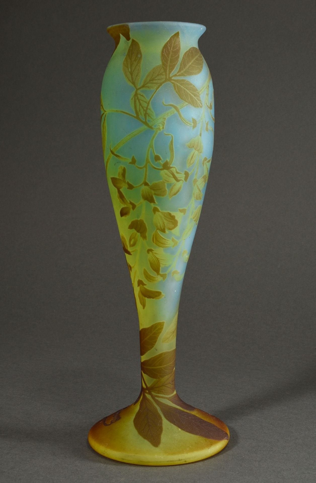 Barz Art Nouveau vase "Wysteria" in blue-green-brown flashed glass, slender baluster shape on a bro