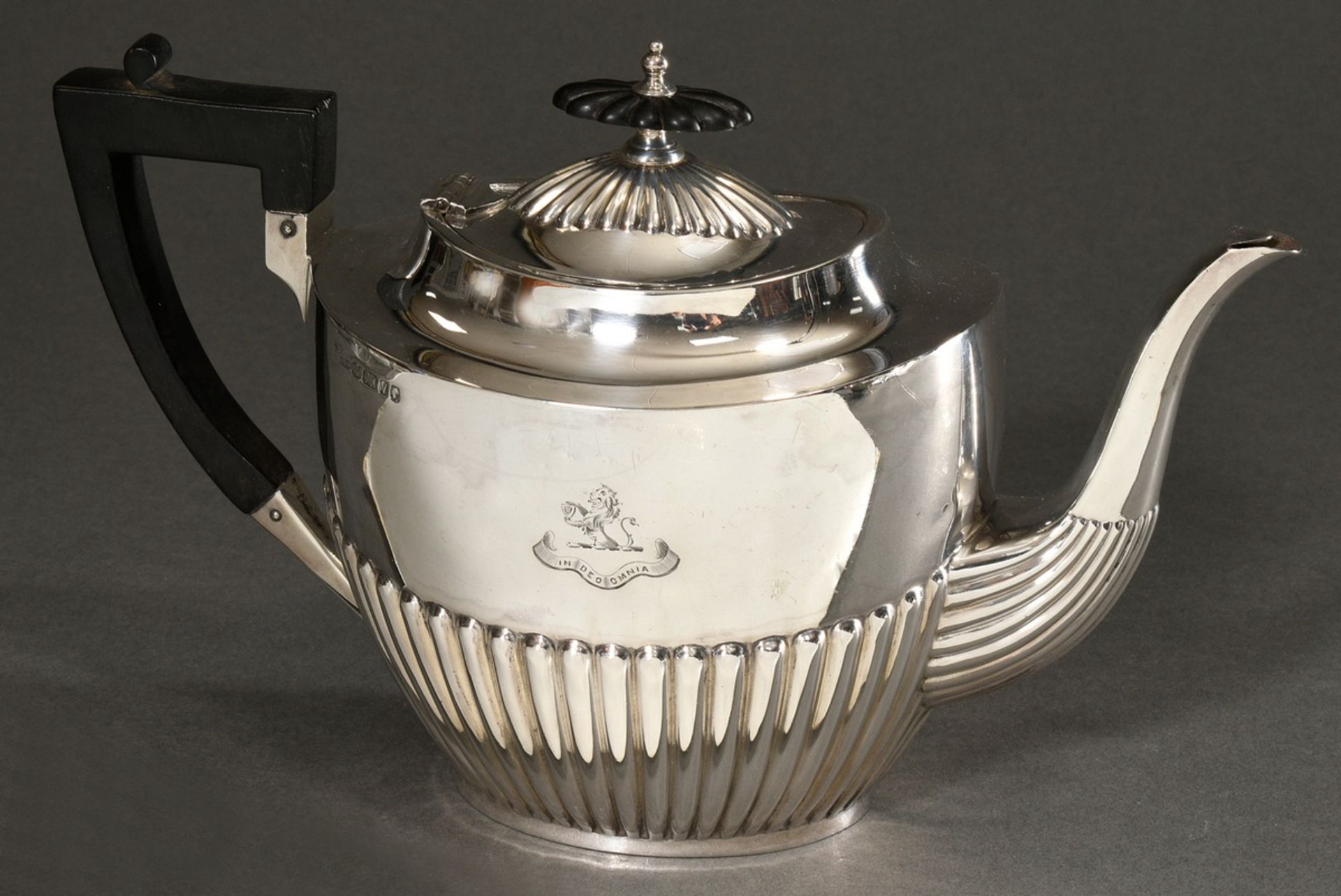 Queen Ann style teapot with engraved motto "In Deo Omnia" and blackened wooden handle, MM: John Edw