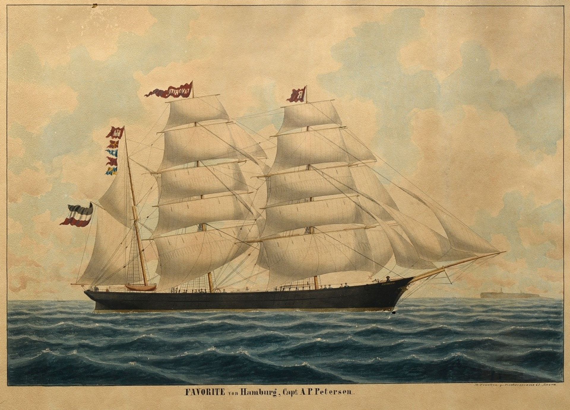 Truelsen, Mathias Jacob T. (1836-1900) Captain's painting "Bark 'Favorite' from Hamburg, Capt. A.P.