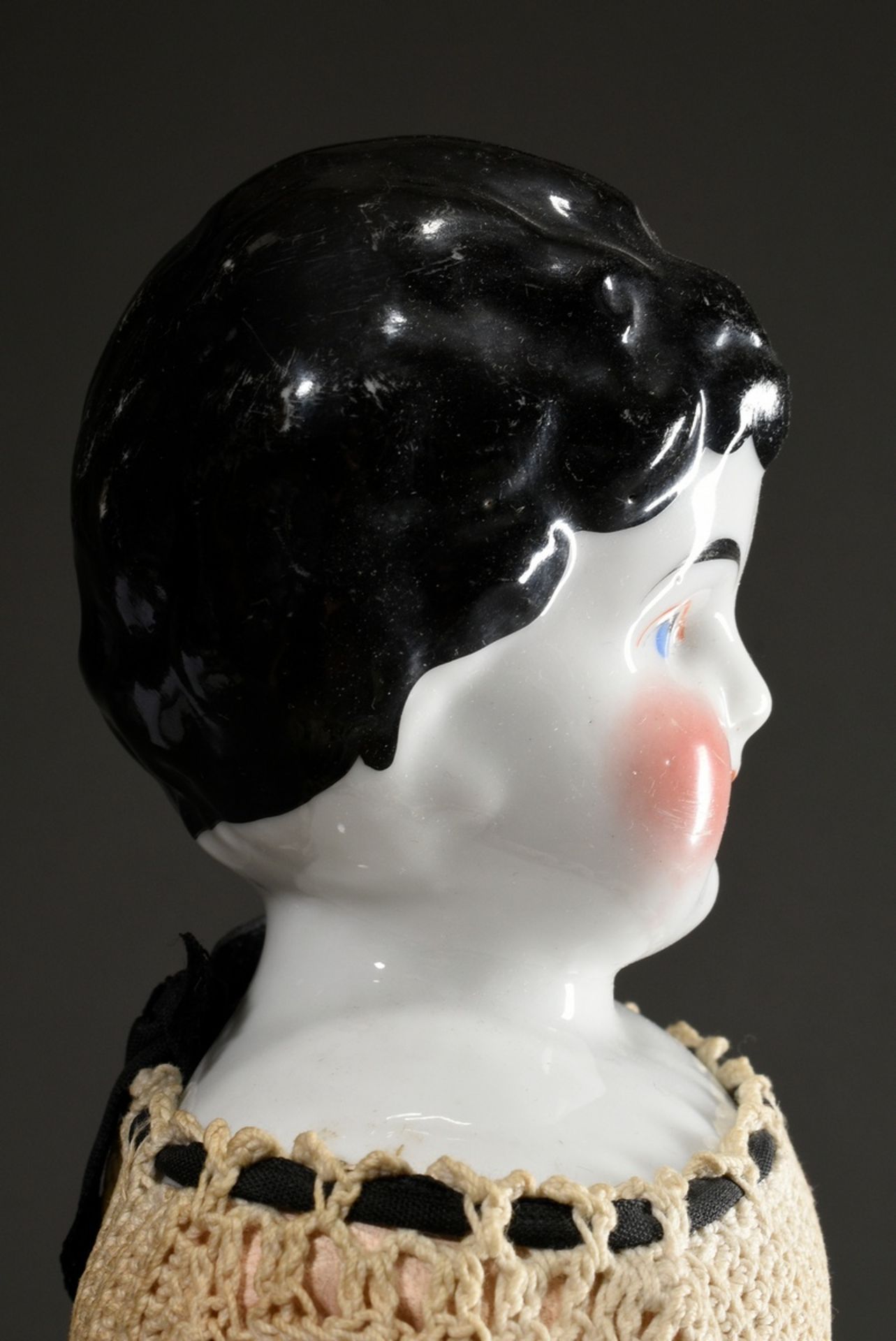 Biedermeier doll with painted porcelain chest head, blue eyes and closed mouth, black hair with sha - Image 2 of 7