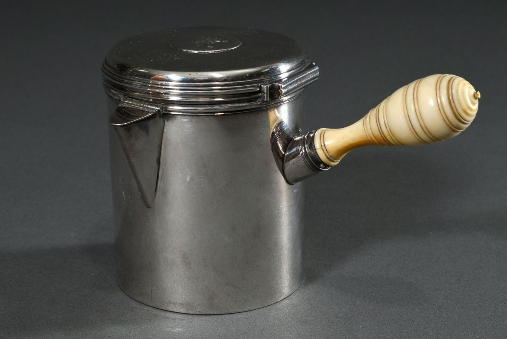 Small cylindrical chocolatière with turned ivory handle and engraved coat of arms on the lid "Herme