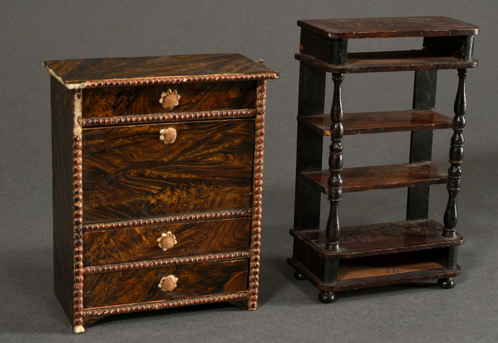 8 doll's houses bedroom furniture in Boulle style, softwood dark stained with ornamental gold print - Image 3 of 8