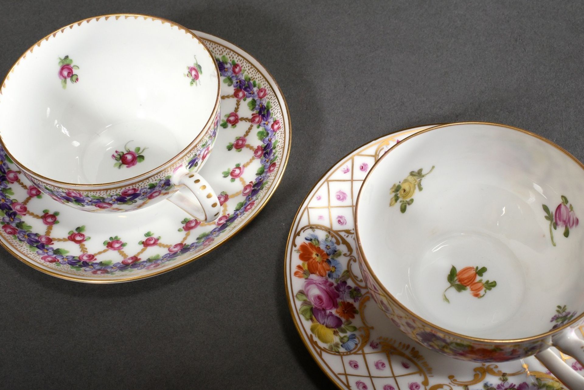 2 Various Dresden tea cups/saucer with polychrome floral painting and gold decoration, Donath & Co. - Image 3 of 4
