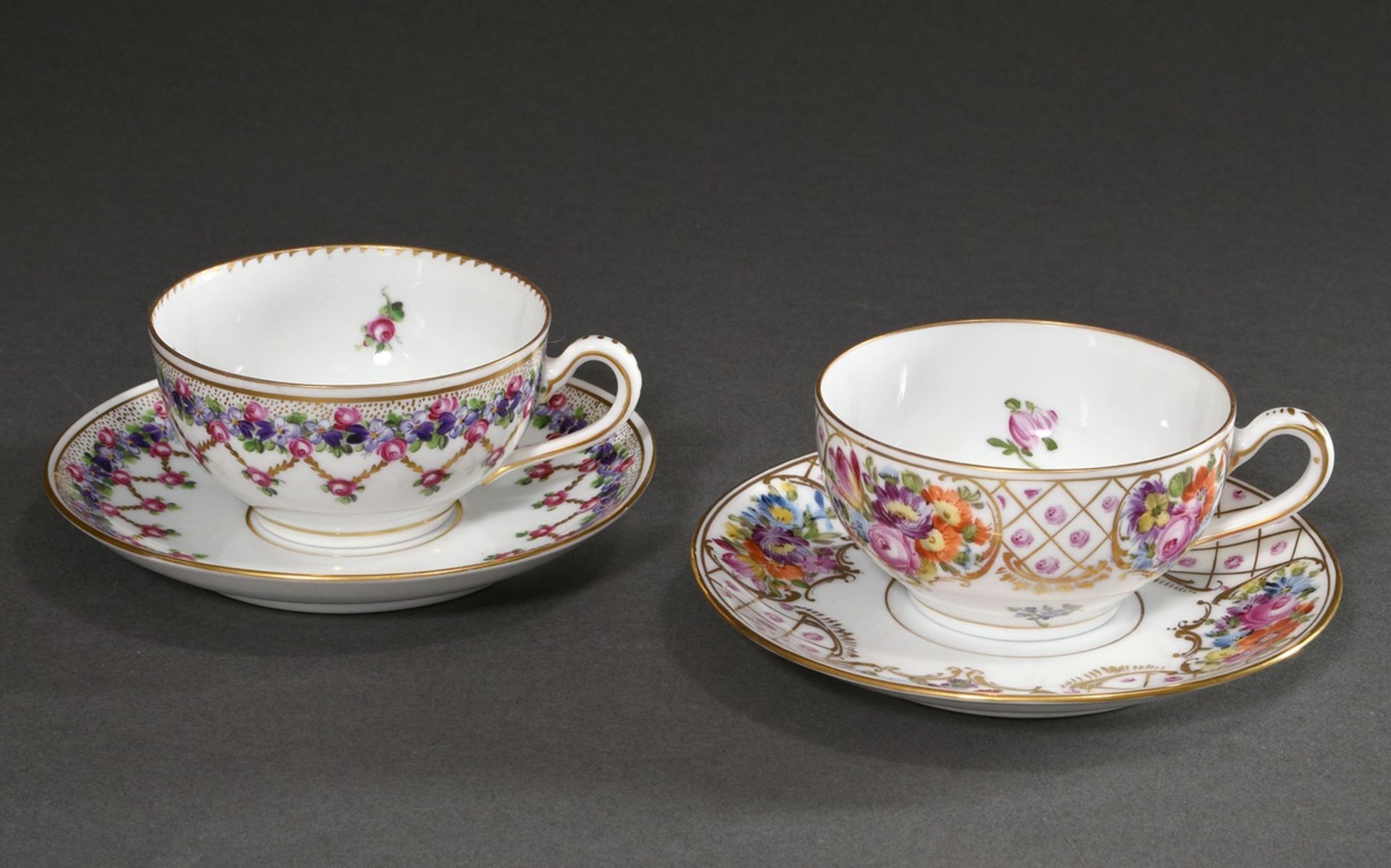 2 Various Dresden tea cups/saucer with polychrome floral painting and gold decoration, Donath & Co. - Image 2 of 4