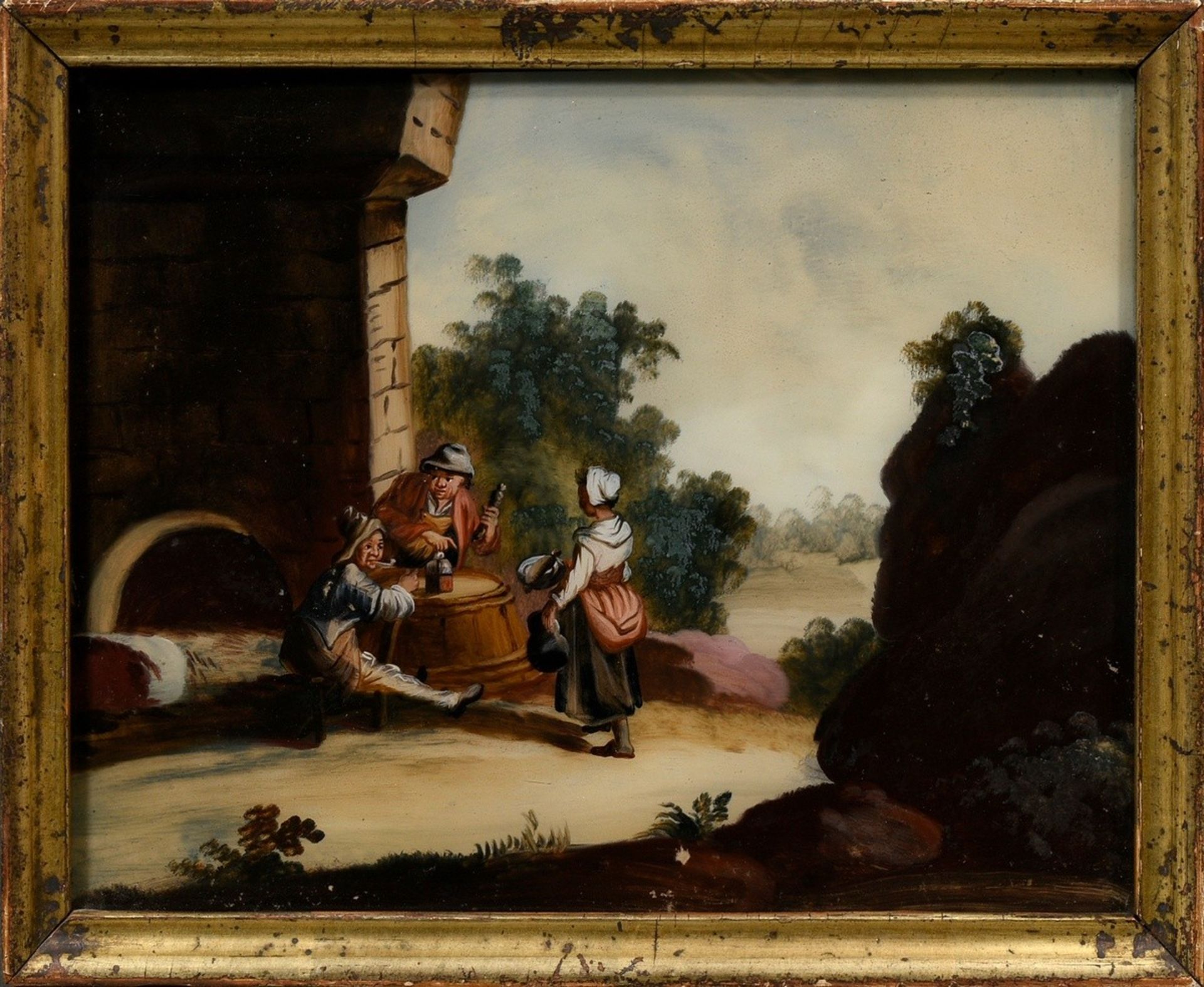 3 Reverse glass paintings "Genrescenes" 18th c., after Adriaen Brouwer (1605-1638), old Berlin moul - Image 4 of 5