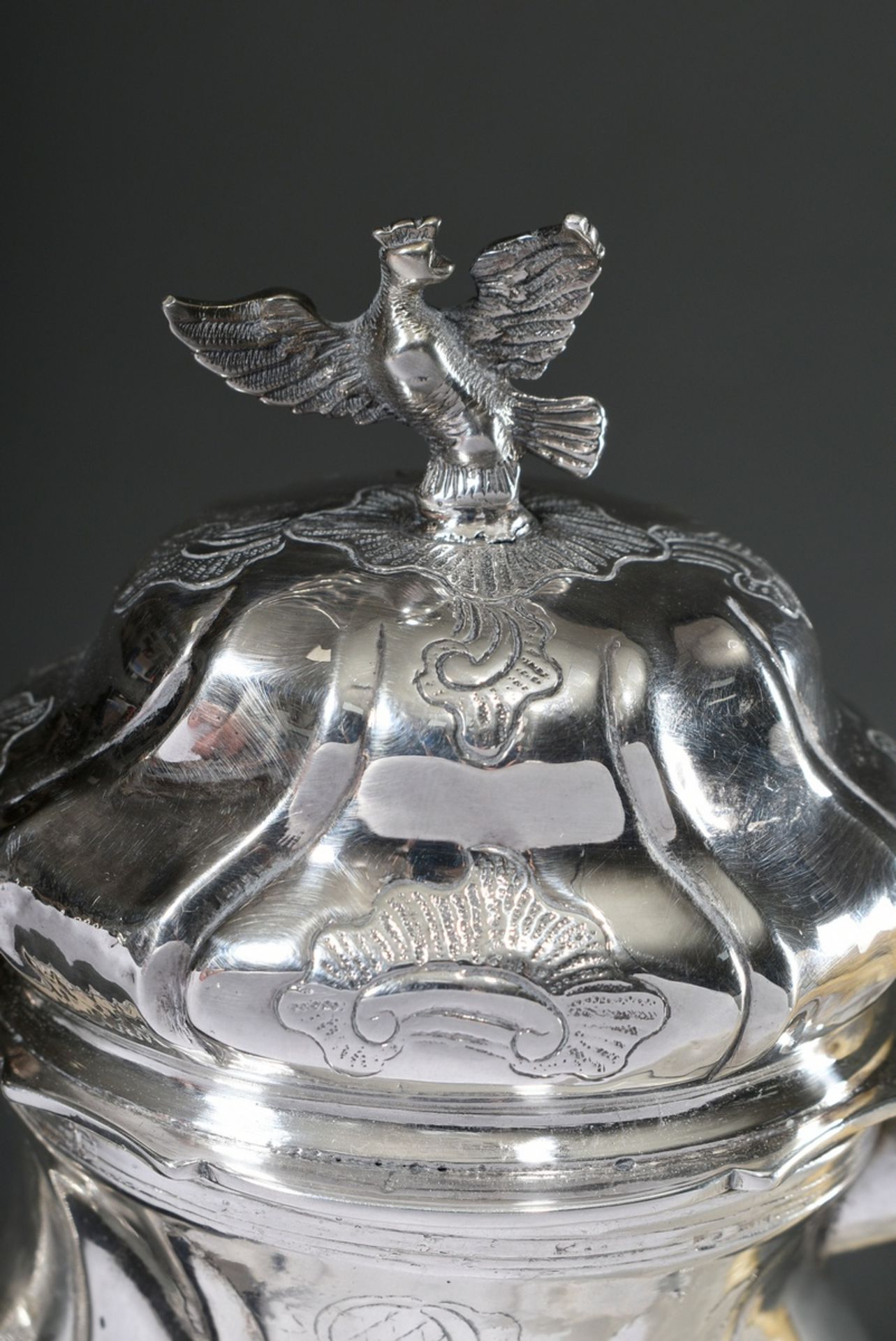 Small Danish mocha pot on three feet with curved features, floral engraved wall, sculptural eagle p - Image 6 of 9
