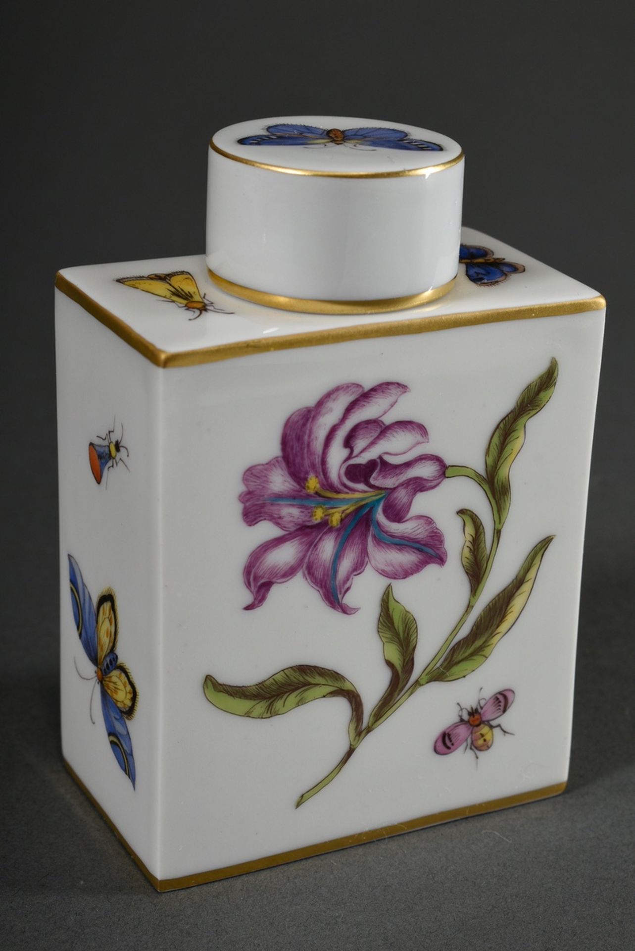 Meissen tea caddy with polychrome painting "woodcut flowers and insects" and gold decoration, 20th  - Image 3 of 6