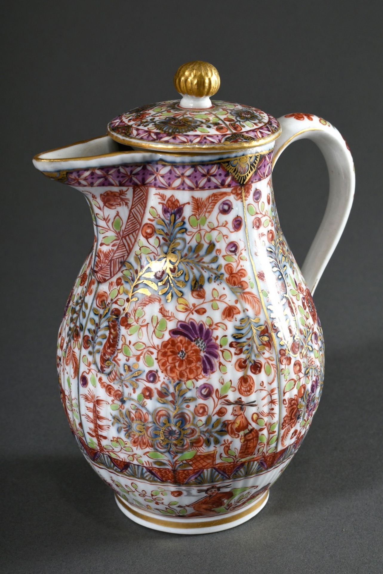 Small antique Meissen coffee-pot with opulent polychrome decoration "Indian Flower Painting" over b