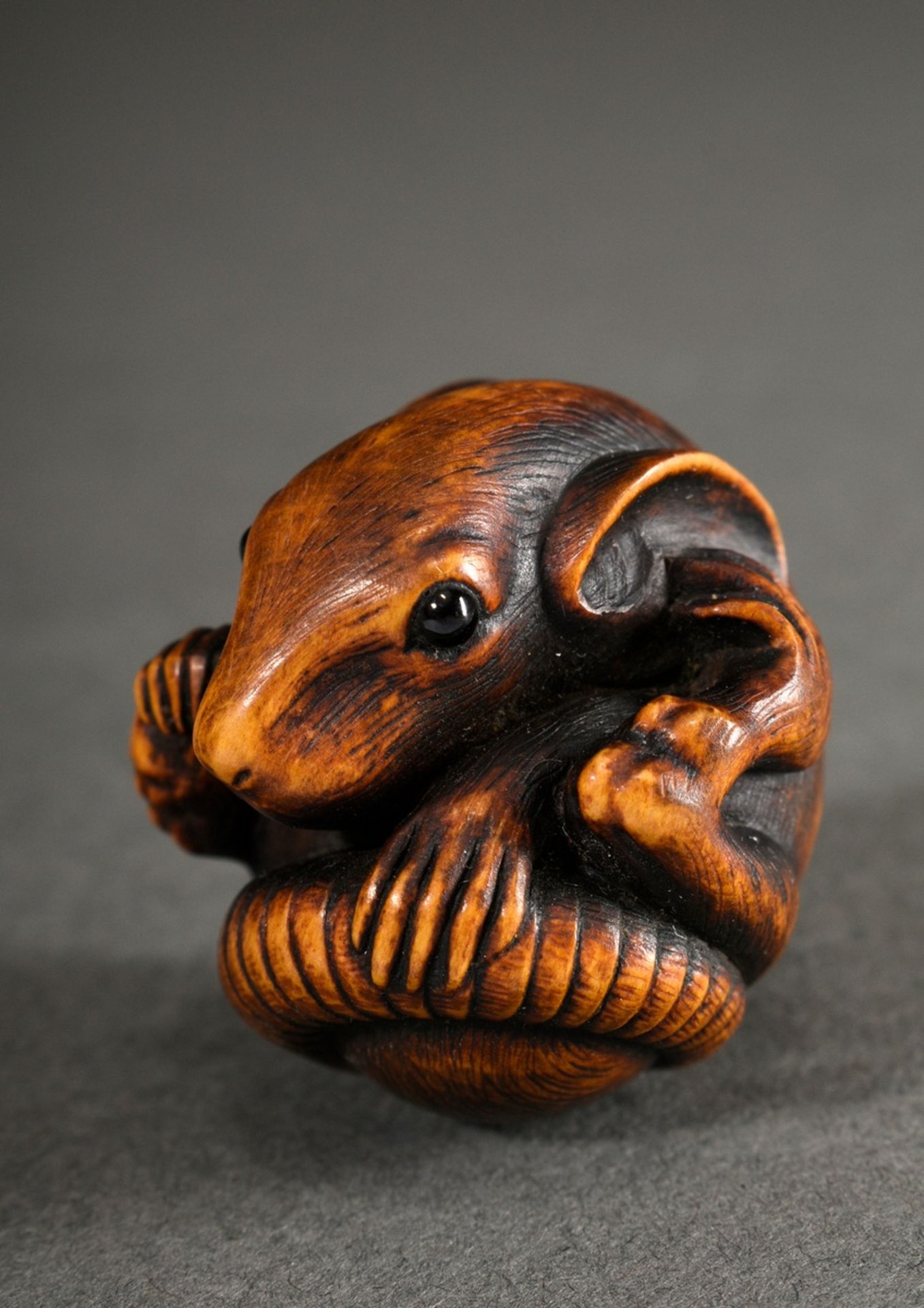 Boxwood netsuke "spherical rat" with eyes inlaid in horn, natural himotoshi through the right paw, 