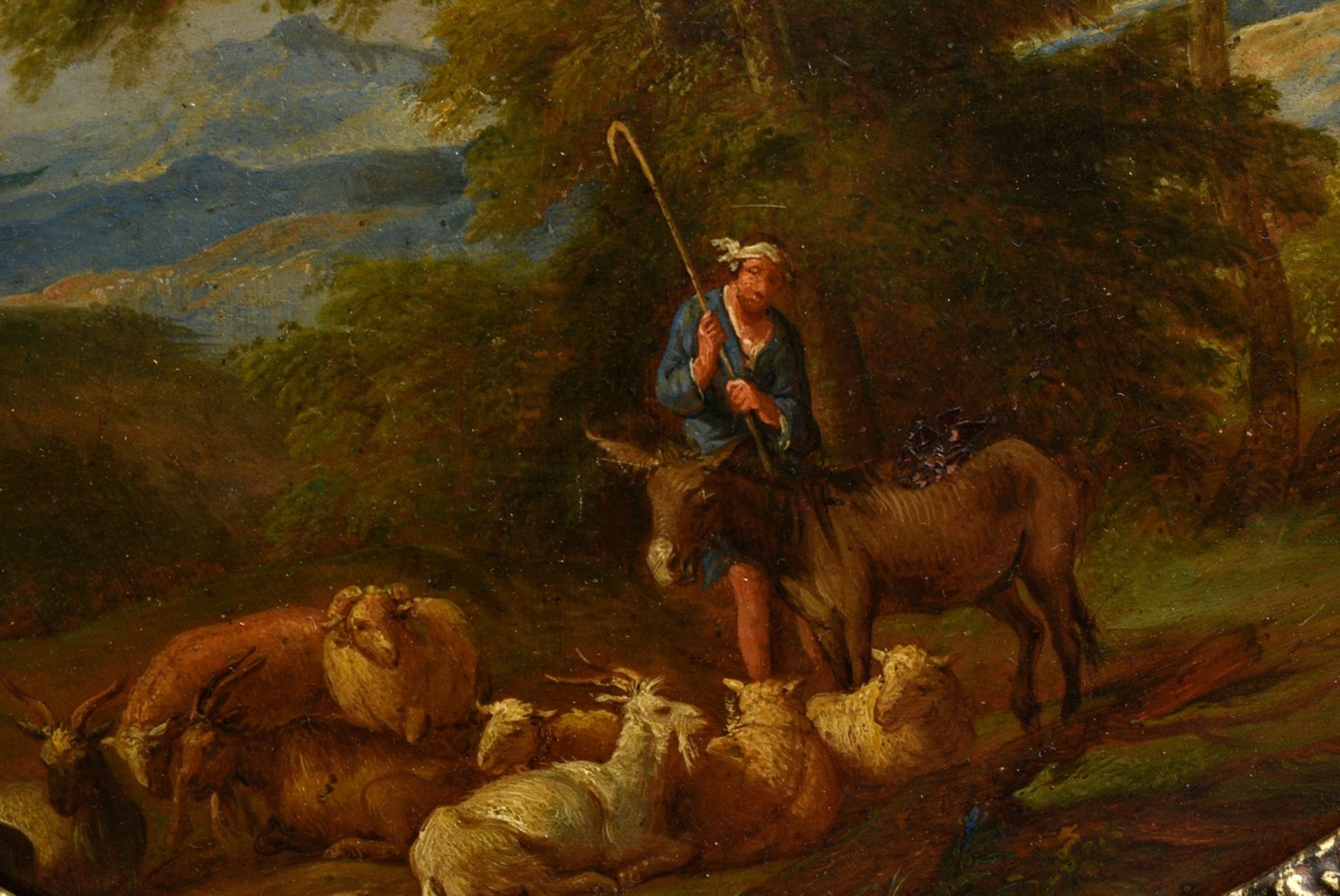 Unknown artist of the 17th/18th c. "Shepherd with flock in an Arcadian landscape", oil/copper, oval - Image 3 of 4