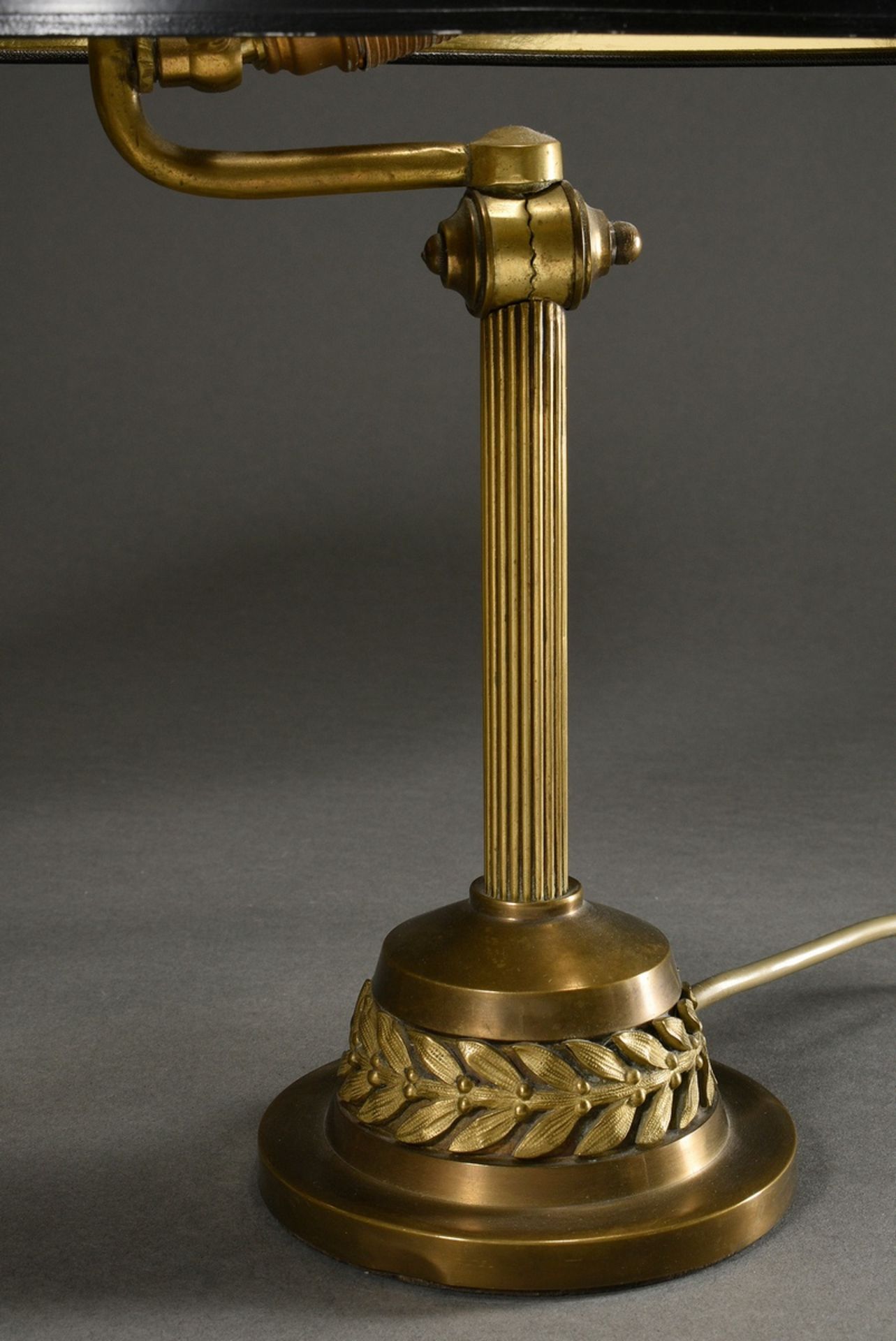 Pair of bronze column lamps with laurel rim on base and on the adjustable black shades (handmade),  - Image 3 of 7