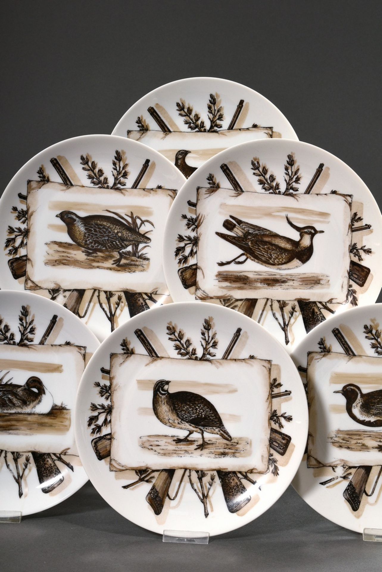 6 Fornasetti, Piero (1913-1988) plate with various sepia prints "bird motifs with hunting weapons" 