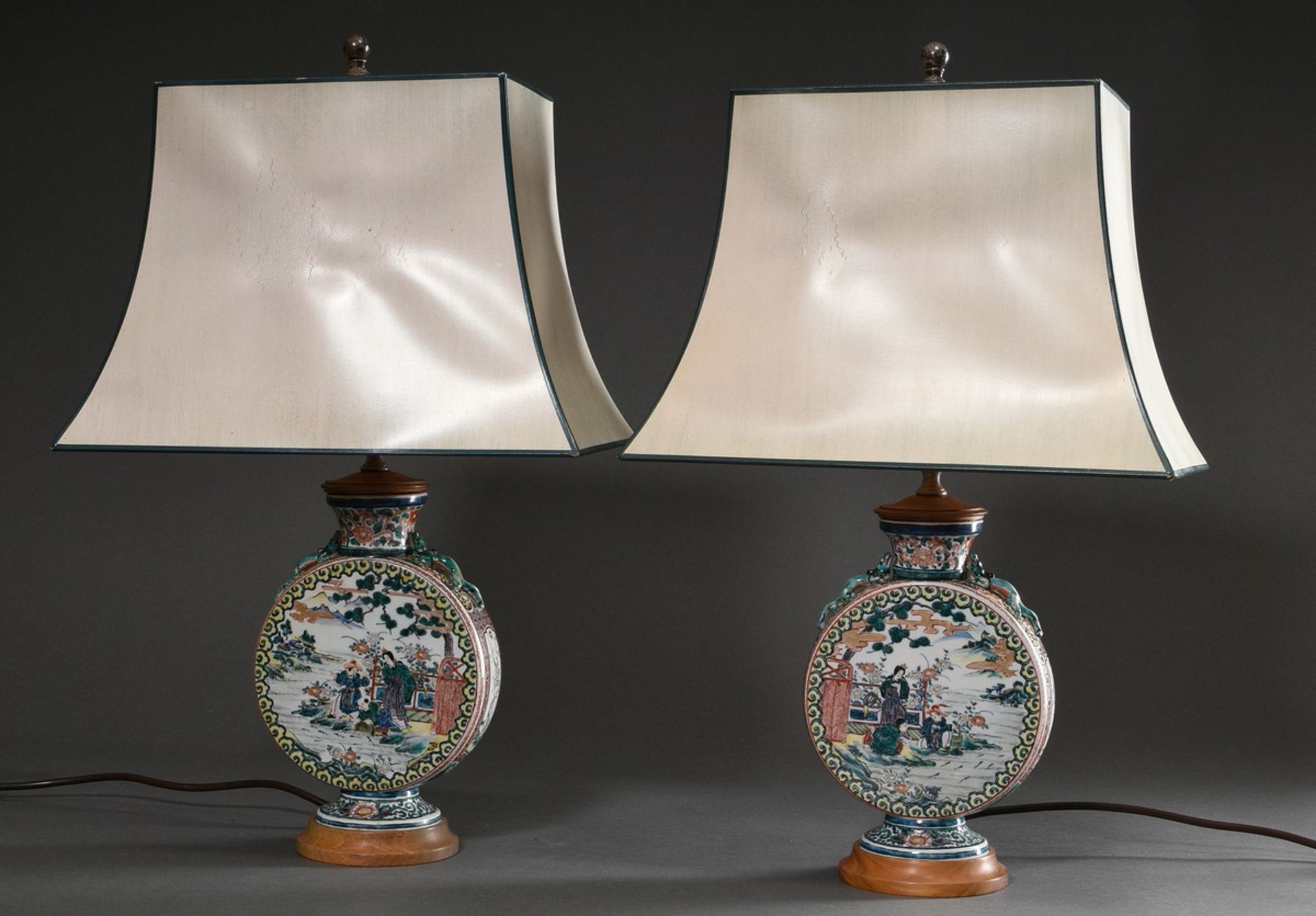 Pair of Japanese Kutani Moonflask vases with polychrome painting "Garden scenes" mounted as lamps,  - Image 2 of 7