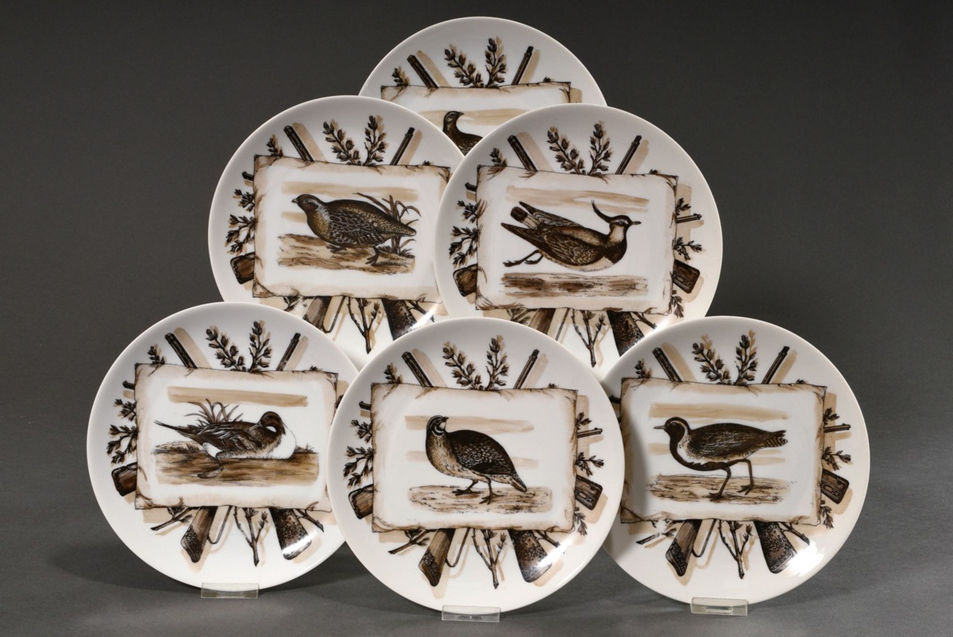 6 Fornasetti, Piero (1913-1988) plate with various sepia prints "bird motifs with hunting weapons"  - Image 3 of 10