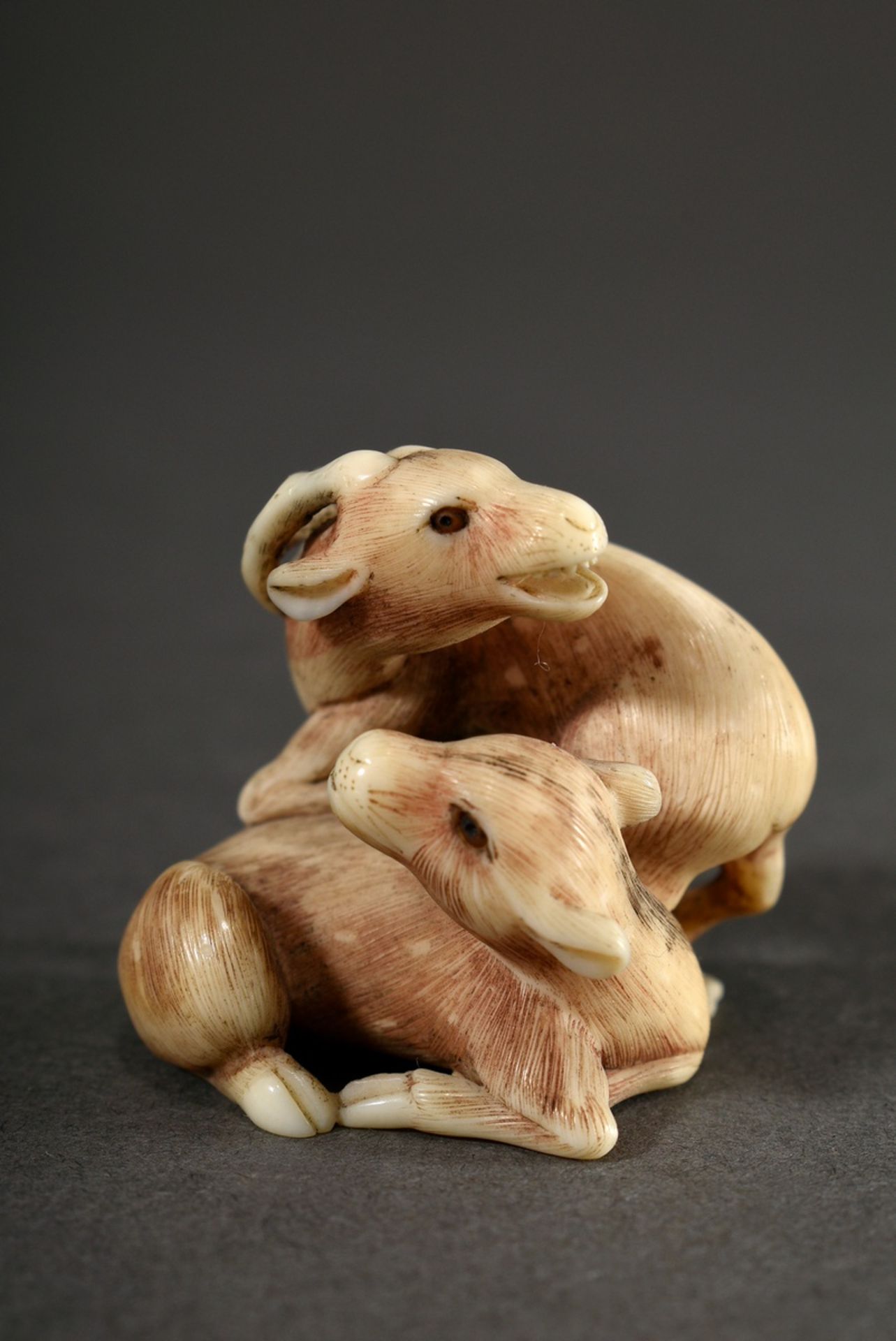 Ivory netsuke "Roaring deer with hind on maple foliage" with finely engraved and partially dyed fur