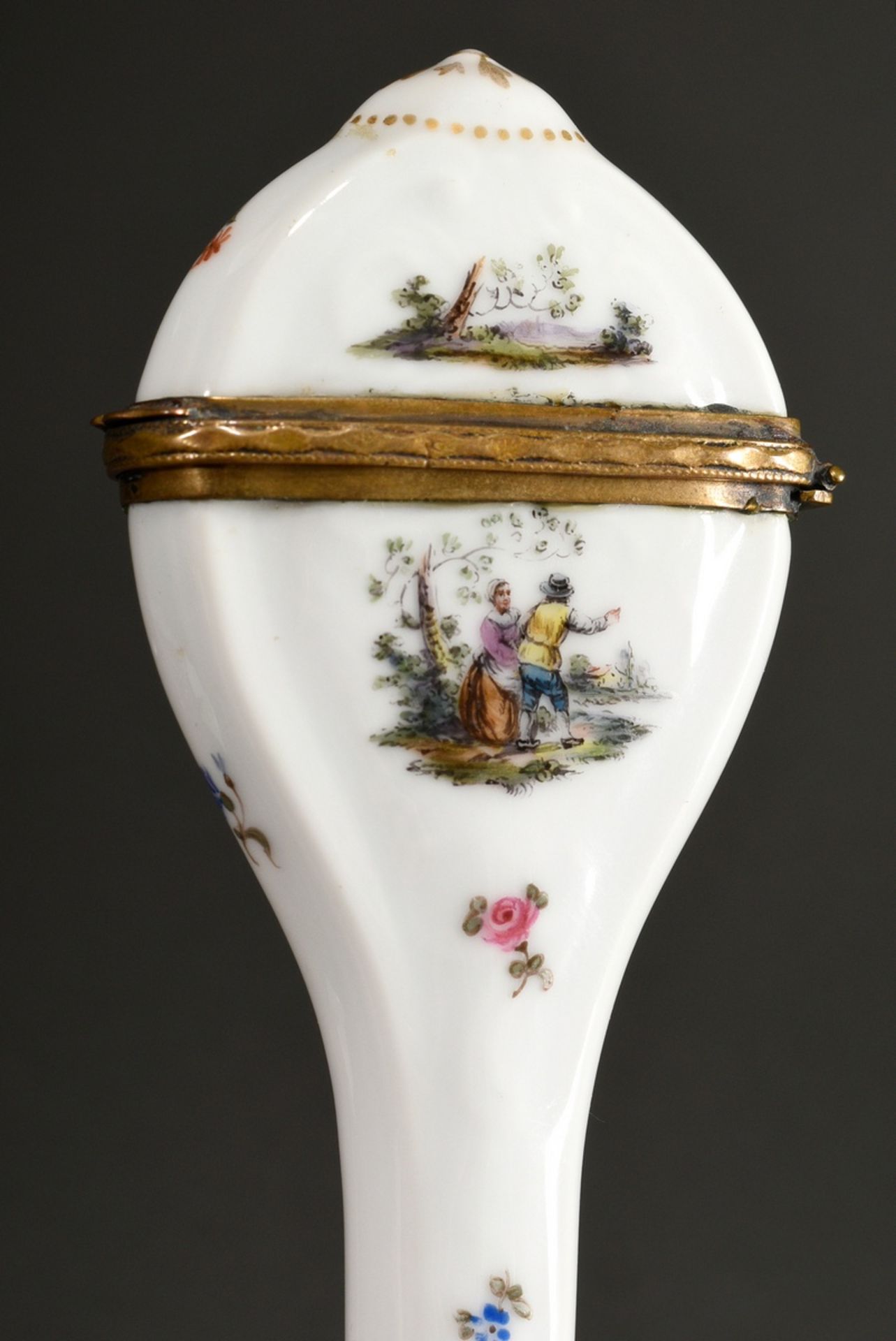 Porcelain scissors case with polychrome teniers scenes and brass mount, sideways golden Carl Theodo