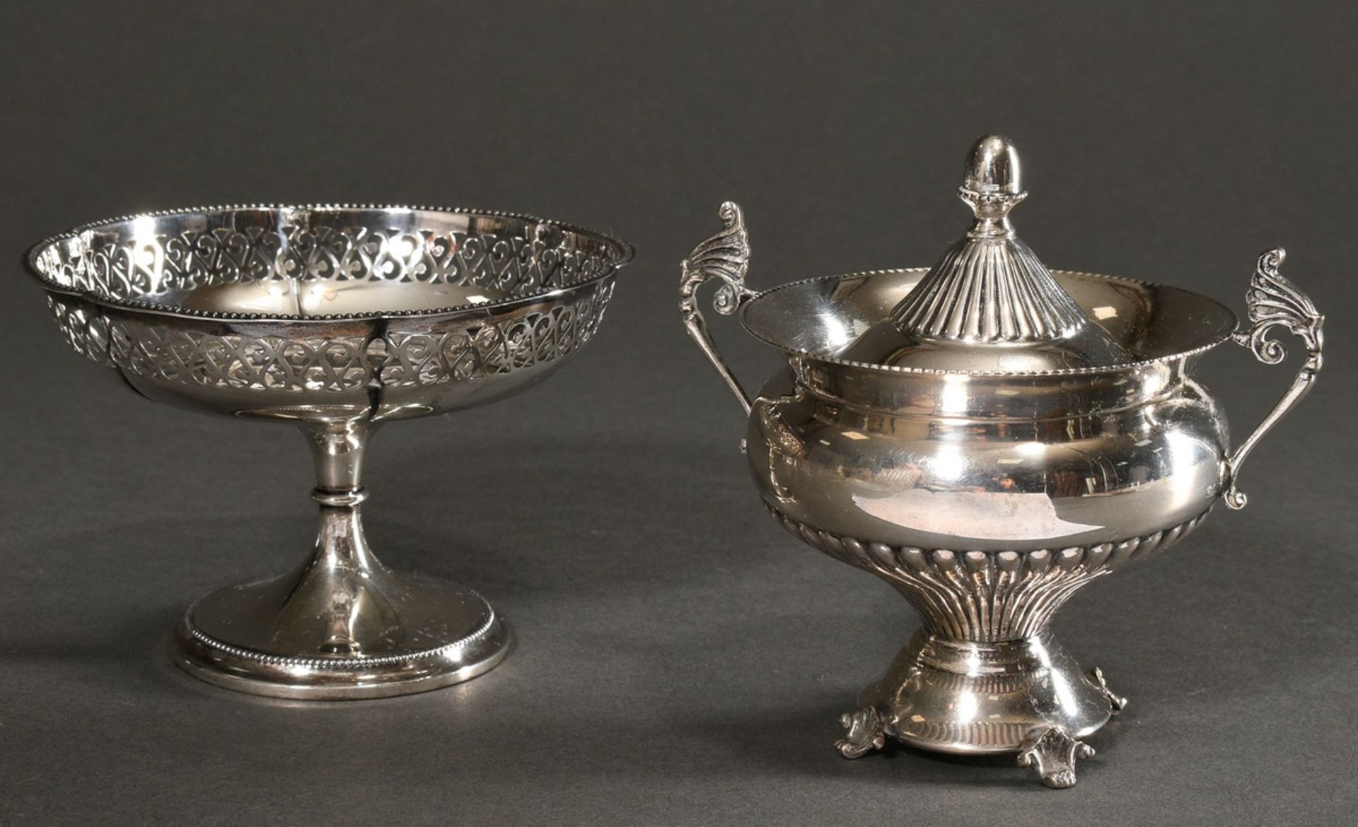 2 Miscellaneous pieces Top and lidded pot with classical grooved decoration and openwork rim, silve