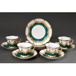 4 Meissen coffee sets in B-shape with rich gold decoration on petrol, 2x with "Streublümchen" paint