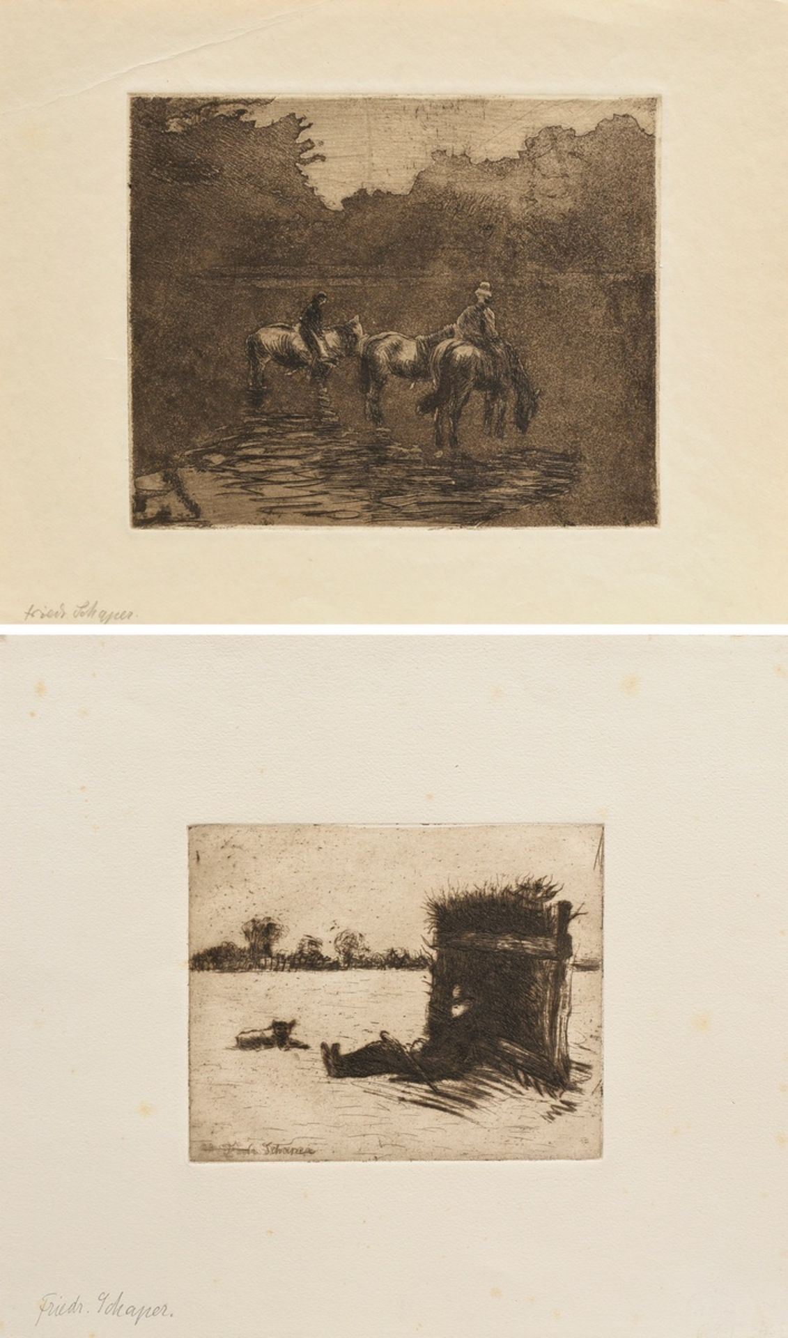 2 Schaper, Friedrich (1869-1956) "Horse Flock" and "Lying Shepherd" 1908, etchings, each inscr. on 