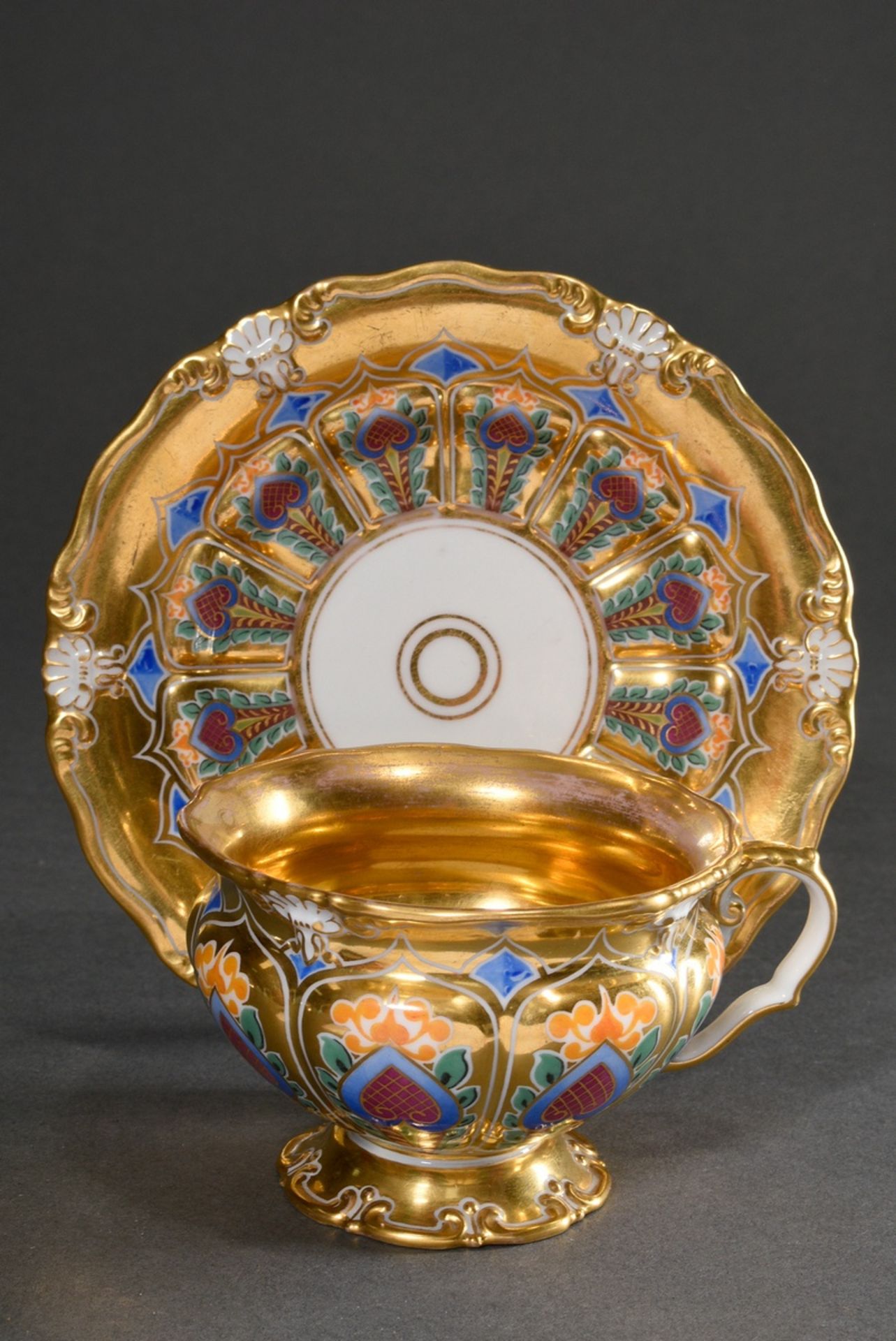 Biedermeier KPM cup with humped wall and strong coloured ornaments on gold ground in fine painting  - Image 3 of 4