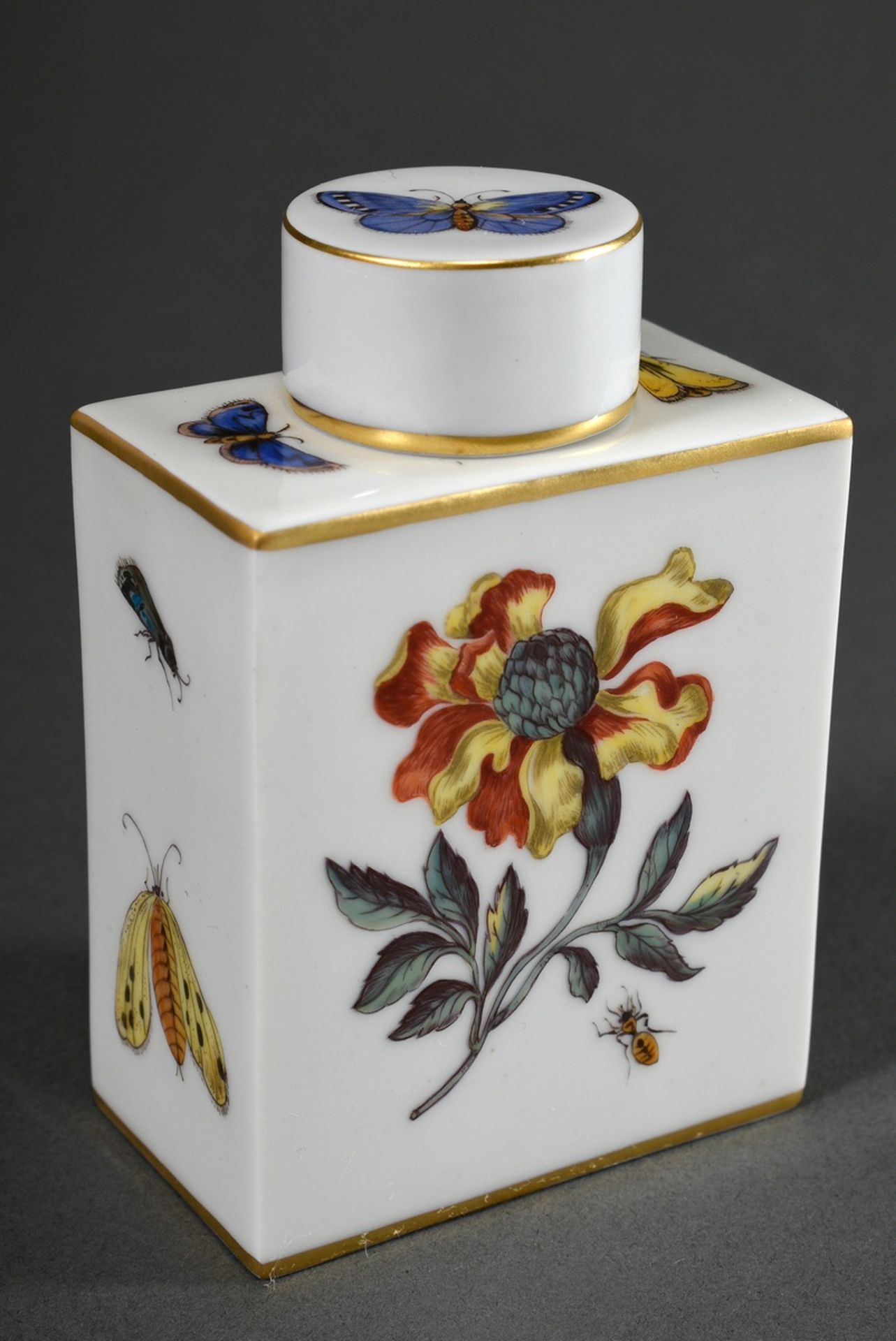 Meissen tea caddy with polychrome painting "woodcut flowers and insects" and gold decoration, 20th 