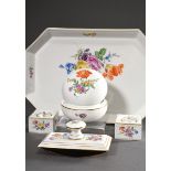 5 Pieces Meissen with polychrome "flower painting": octagonal tray (41x27,6cm), rocker blotter (7x1