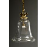 Deckenlampe mit glockenförmiger Glaskuppel und Gelbguss "Kronen" Montierung, 20.Jh., elektrifiziert