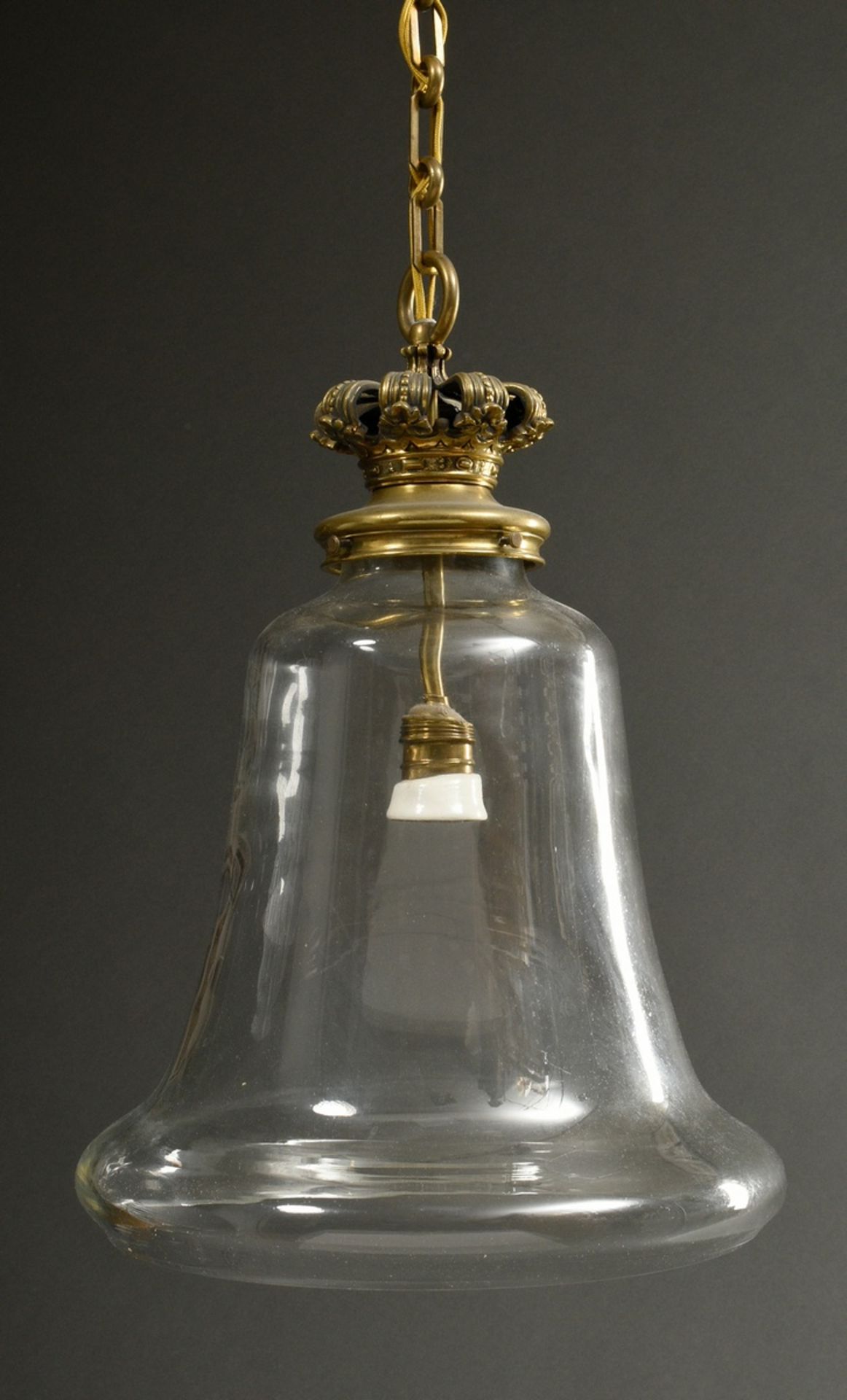 Ceiling lamp with bell-shaped glass dome and brass "crowns" mount, 20th c., electrified, h. 48cm