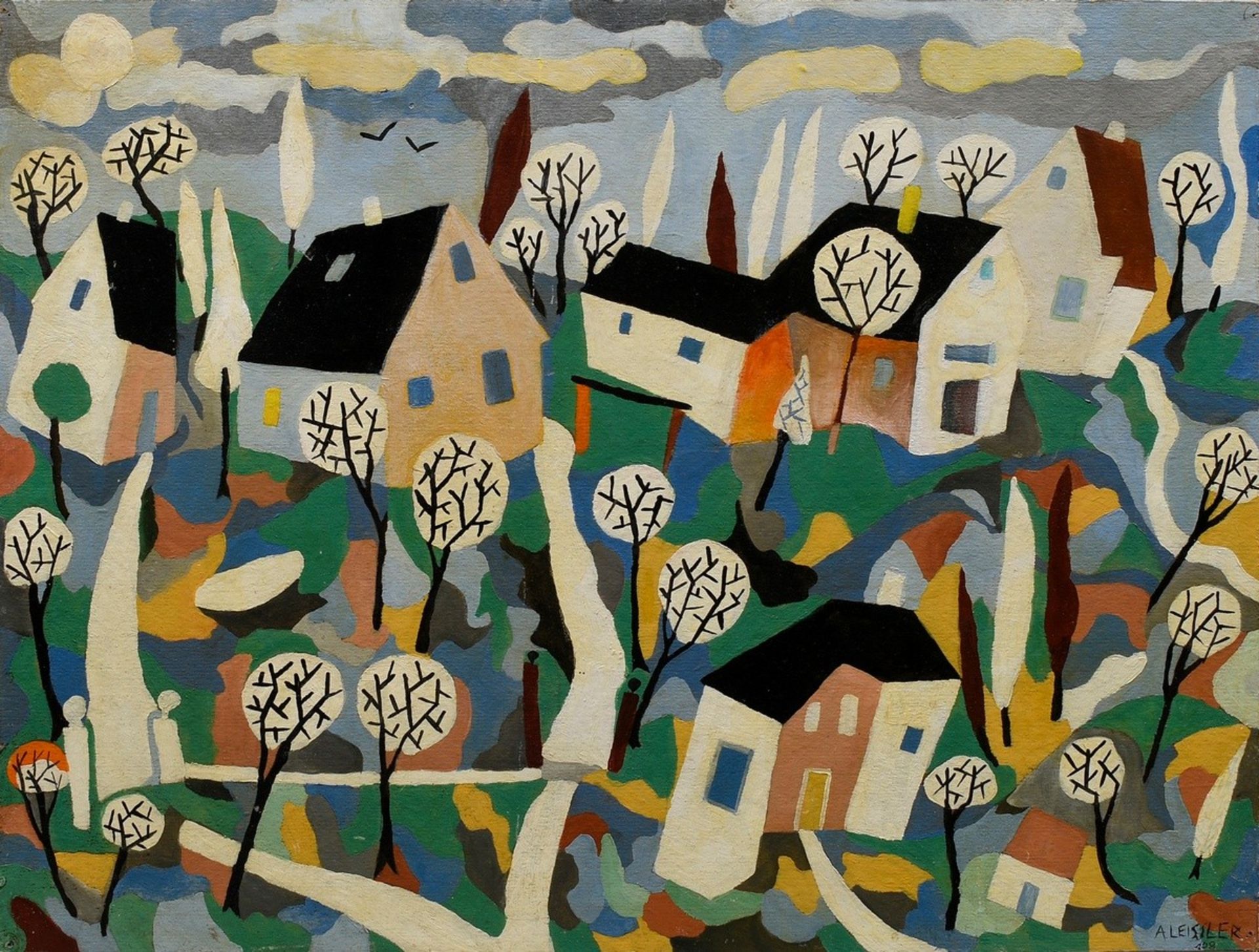 Leissler, Arnold (1939-2014) "Houses with Gardens", oil/wood, b. sign./inscr., 40,3x54,6cm, slight 